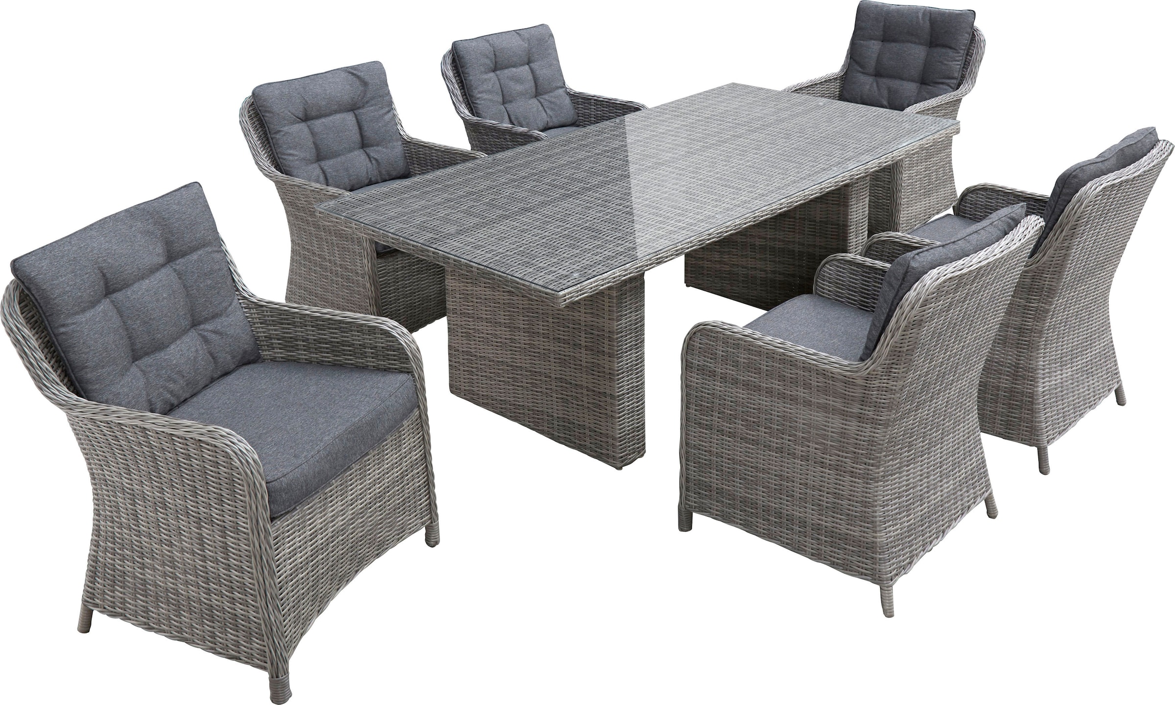 KONIFERA Garten-Essgruppe »»Menorca««, (Set, 19 tlg., 6x Sessel, 1x Tisch 200x100x75 cm, inkl. Auflagen, Alu, Polyrattan), Polyrattan, Aluminium, Tischplatte aus 5mm starkem Sicherheitsglas