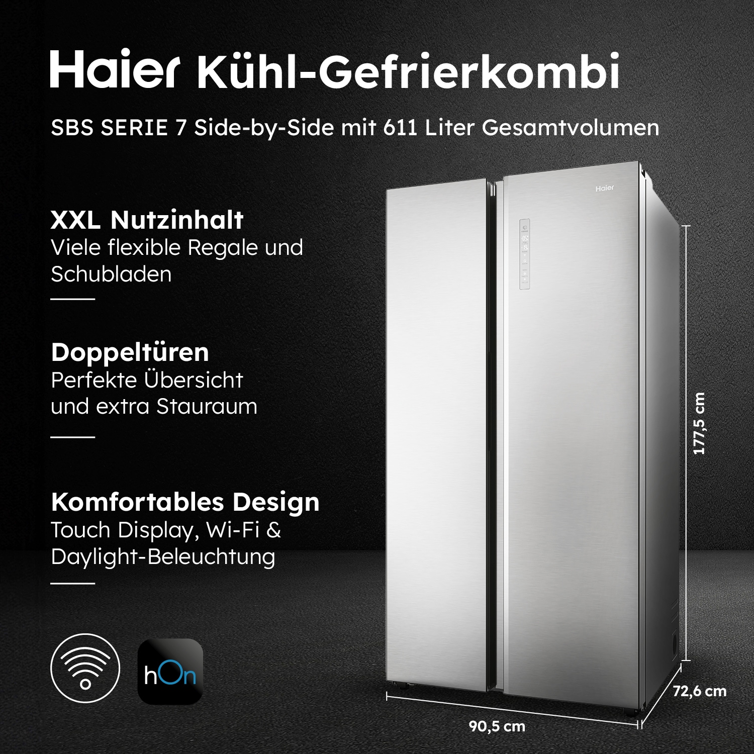 Haier Side-by-Side SBS Series 7 »HSW79F18ANMM«, XXL-Kapazität: Über 600 Liter Fassungsvermögen