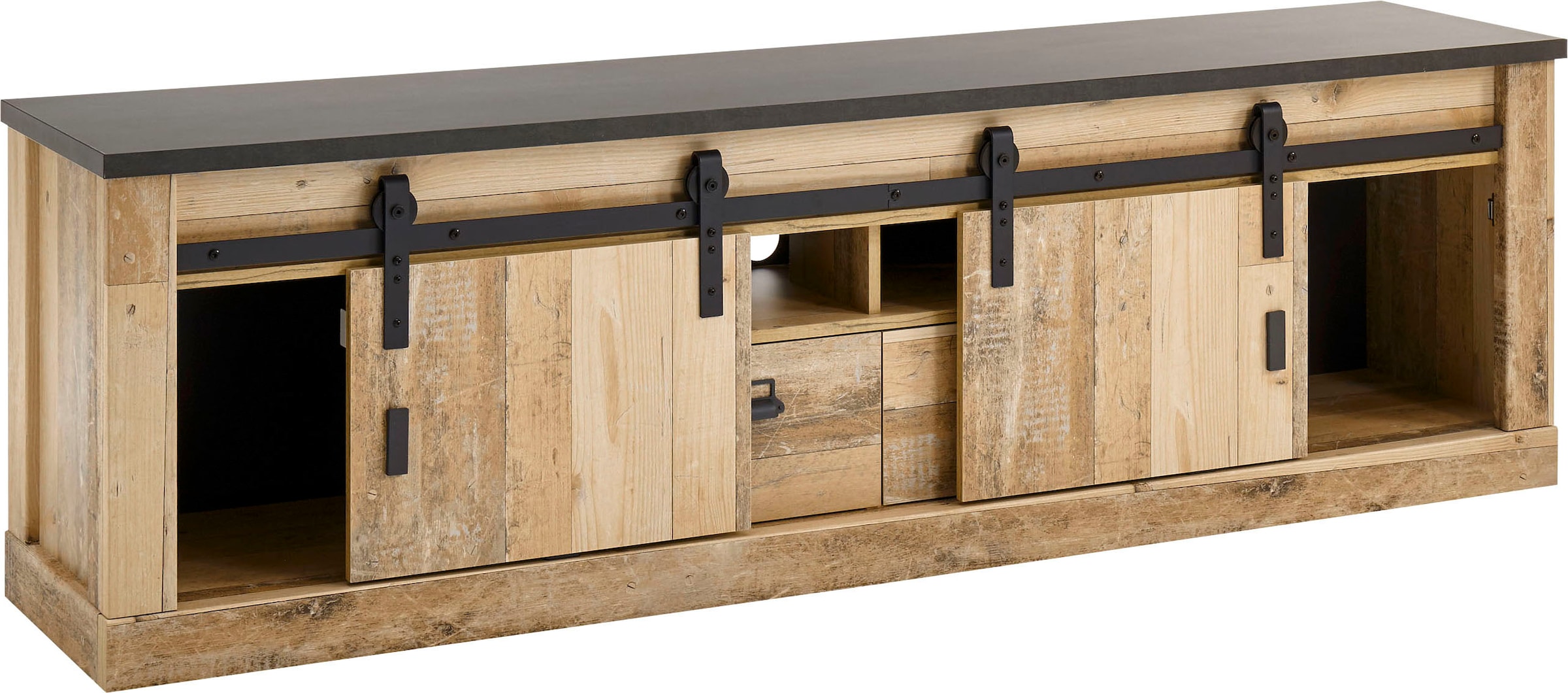 Home affaire Lowboard »SHERWOOD«, modernes Holz Dekor, mit Scheunentorbeschlag aus Metall, Breite 201 cm