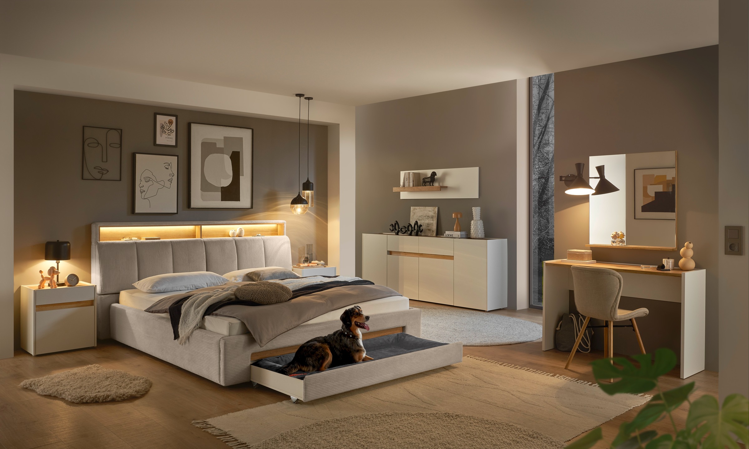 INOSIGN Polsterbett »CiTY/GiRON, gepolstertes Stauraumbett, mit LED Beleuchtung«, Bettkasten mit Hundebett oder als Stauraum, klappbare Kopfteile