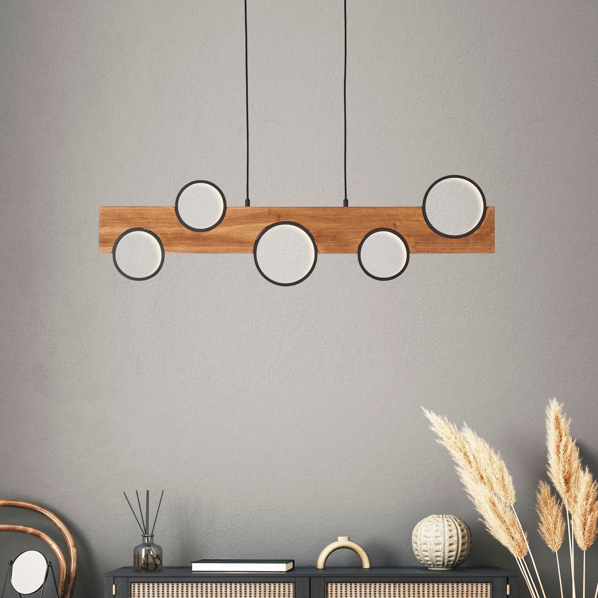 Brilliant LED Pendelleuchte »Cheesy«, 150 x 100cm, 4100lm, 3000K, Holz/Meta günstig online kaufen