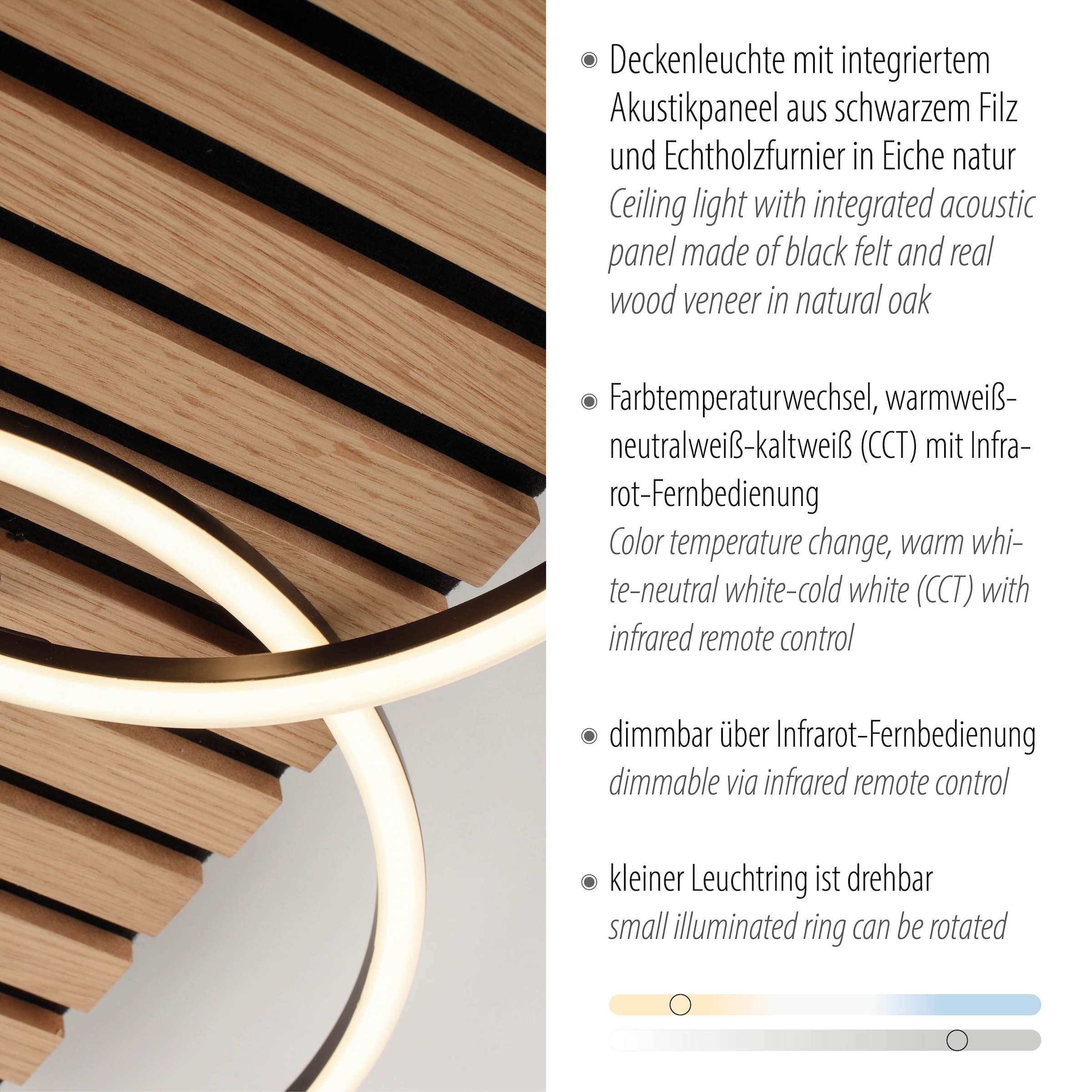 andas Deckenleuchte »Unnestad Akustikpaneele«, 1 flammig, Leuchtmittel LED-Board | LED fest integriert, Frame schwenkbar, Holz, Akustik, Paneele, warmweiß, kaltweiß