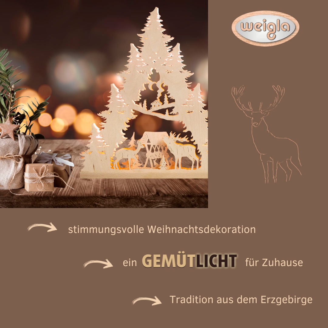 Weigla LED Lichterbogen »Hirschfamilie, Schwibbogen aus Holz, NATUR, Made in Germany«, Erzgebirge garantiert, Weihnachtsdeko Innen, Weihnachtsbeleuchtung