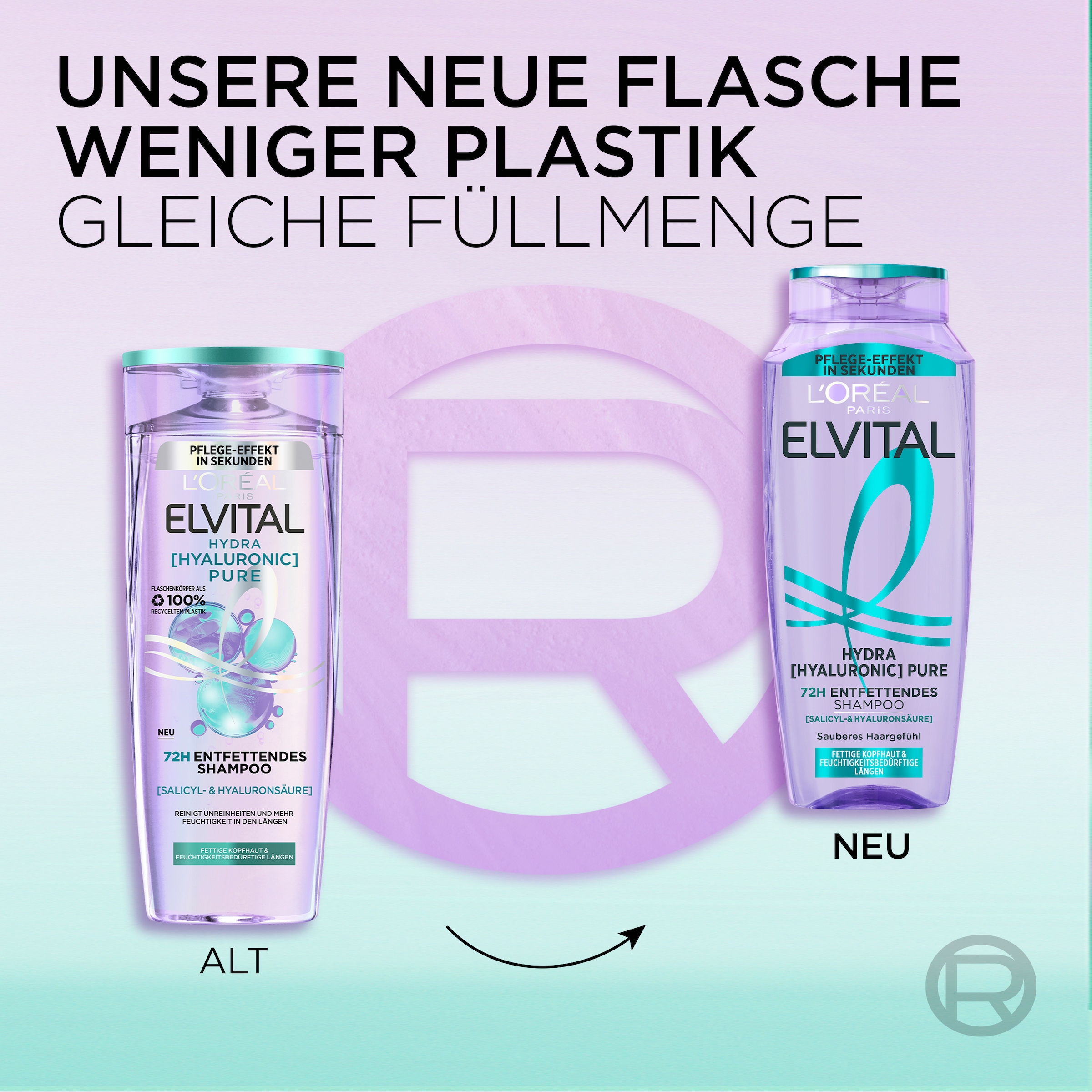 L'ORÉAL PARIS Haarshampoo »L'Oréal Paris Elvital Hydra Hyaluronic Pure Shampoo«, (Packung, 6 tlg.), Reinigt fettige Kopfhaut, spendet bis zu 72h Feuchtigkeit für Längen.