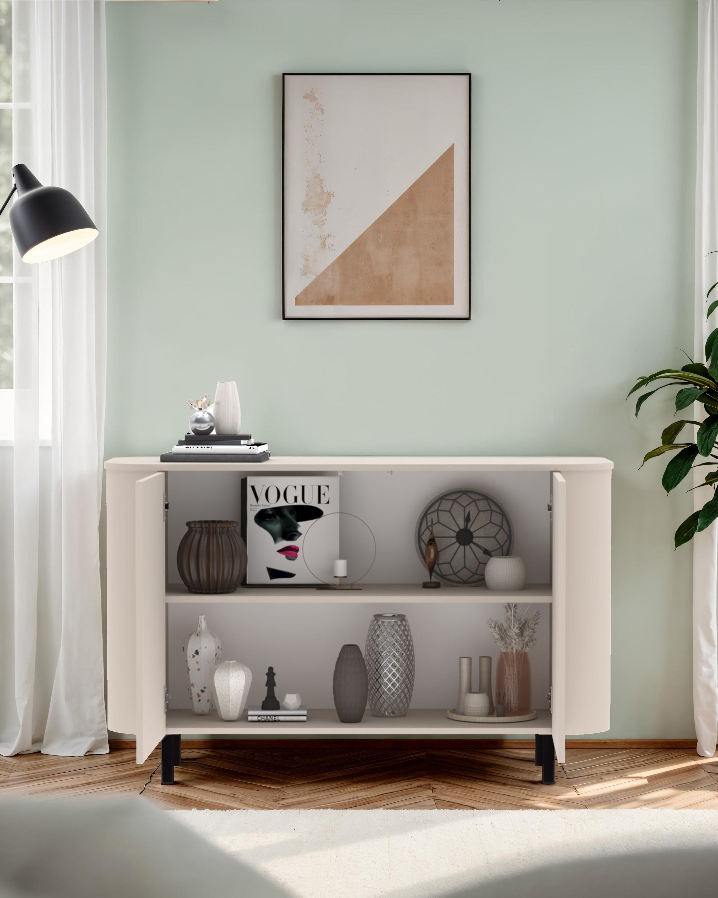 INOSIGN Sideboard »Lido, 131 cm breit, 2 Türen, Anrichte, Kommode, Stauraumschrank« Formgebogenes MDF, Stirnseiten mit Rundung, Push-to-open, Metallfüße