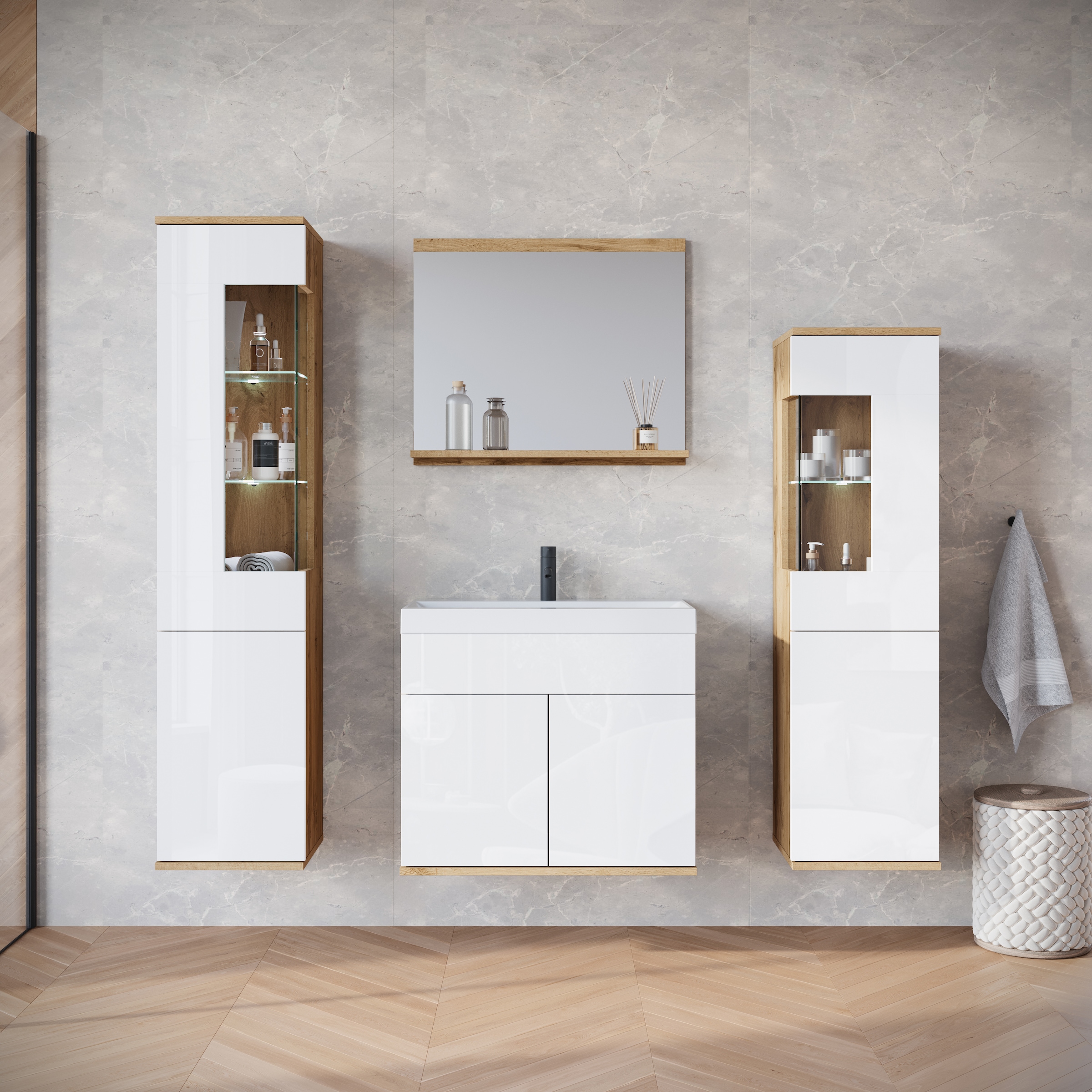 INOSIGN Badmöbel-Set »Kenia«, (Set, 5 St.), Modernes Badmöbel-Set mit viel Stauraum und Glaseinsatz