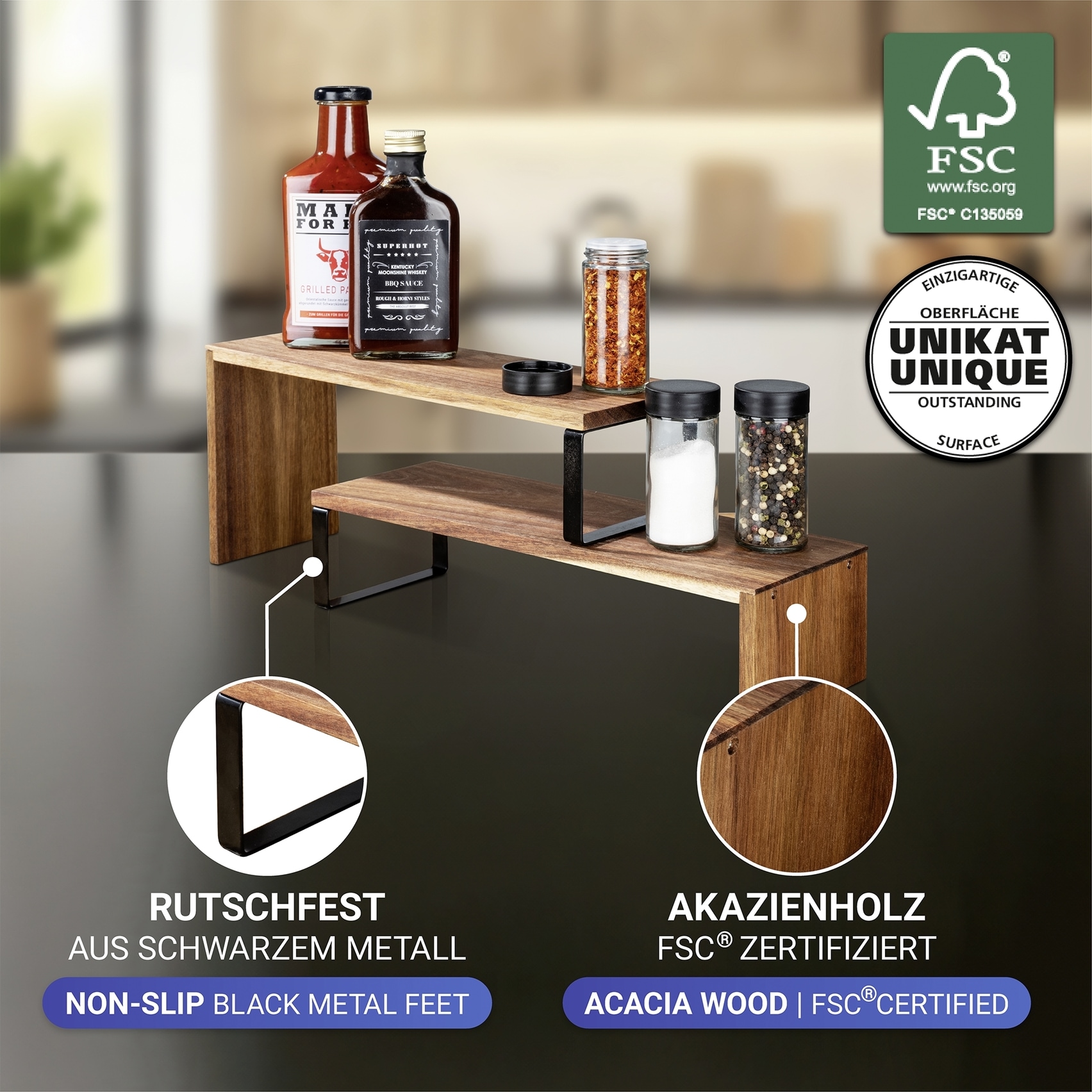 WENKO Küchenregal »Modell Vali Akazie«, (2 St.), Regal aus Akazienholz für die Arbeitsfläche, flexibel kombinierbar