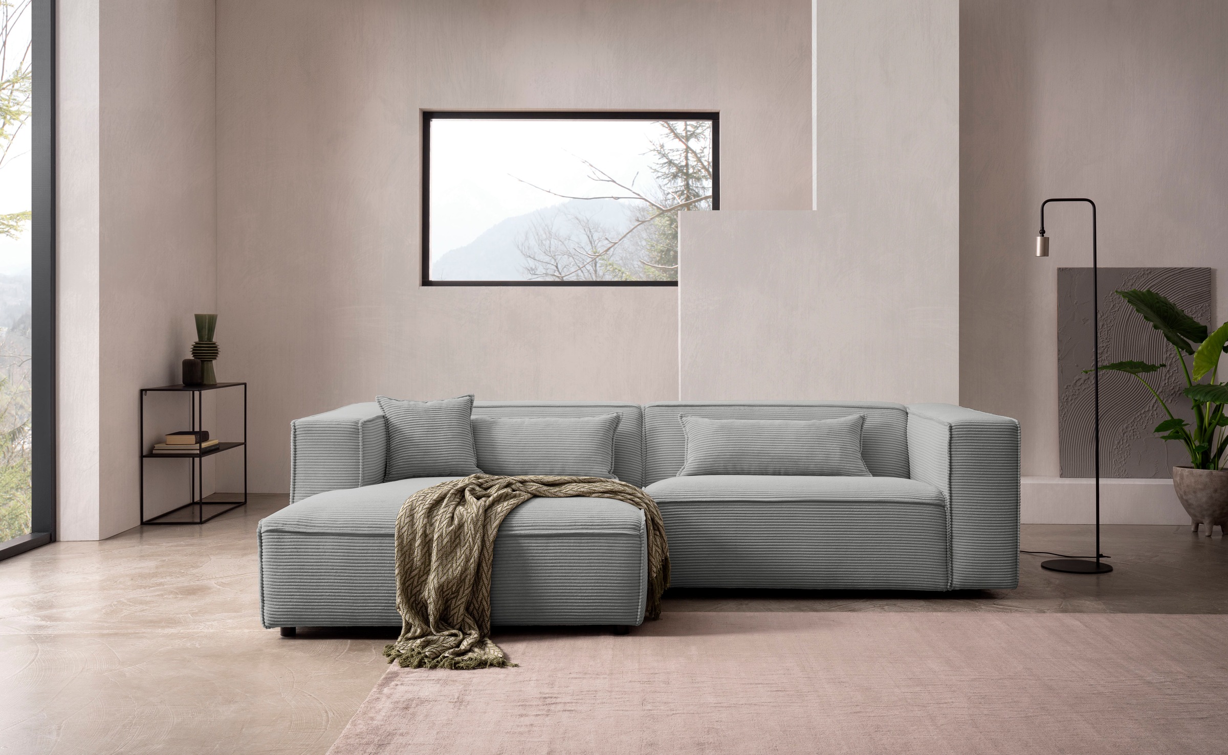 LeGer Home by Lena Gercke Ecksofa »PIARA mit Kedernaht in Cord oder Leinenoptik, moderne Couch in L-Form«, wahlweise Ottomane rechts/links, schwarze Füße, bequemer Sitzkomfort