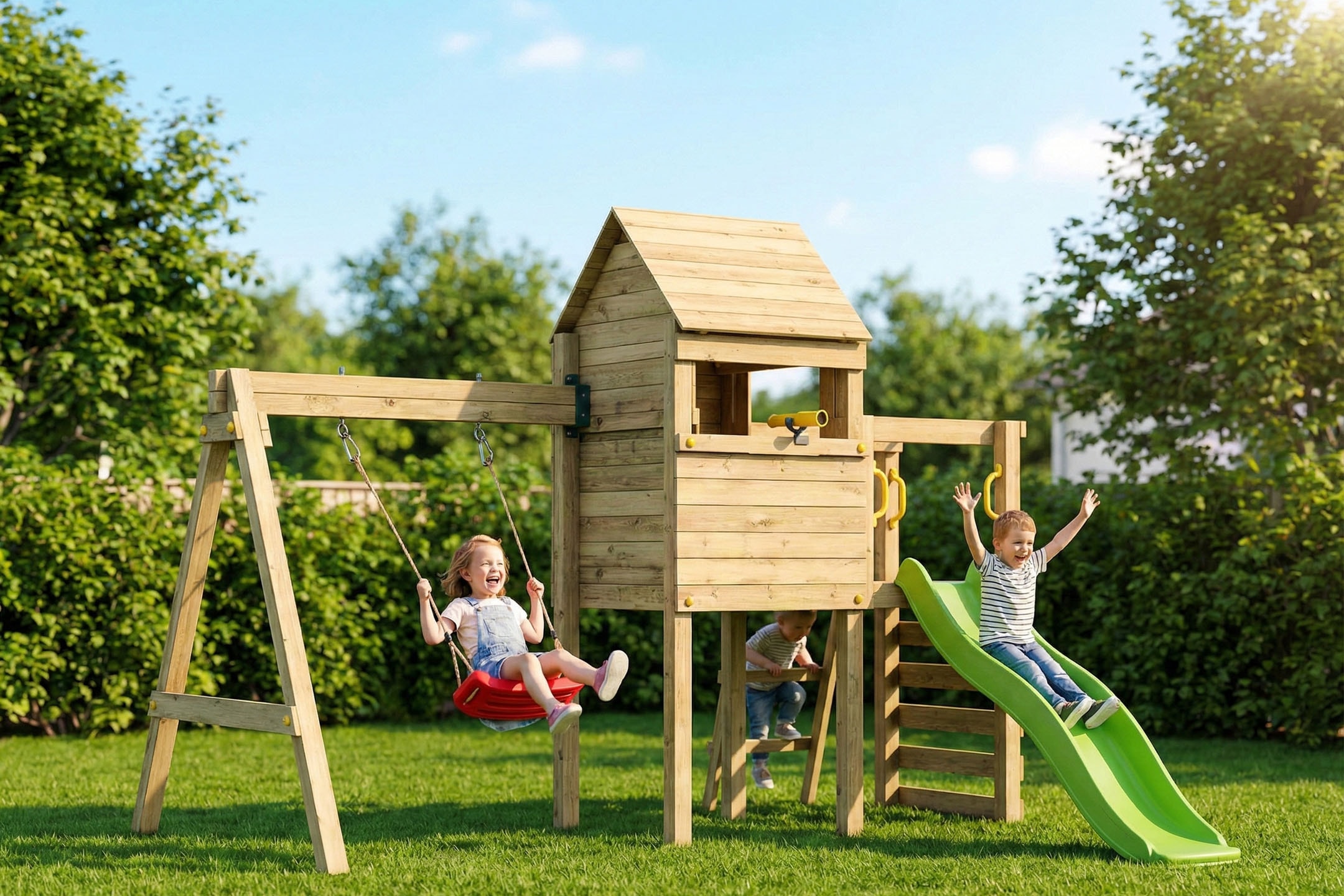 FUNGOO Spielturm »LUOMI« mit Haus, Kletterwand, Rutsche und Schaukel fur Kinder