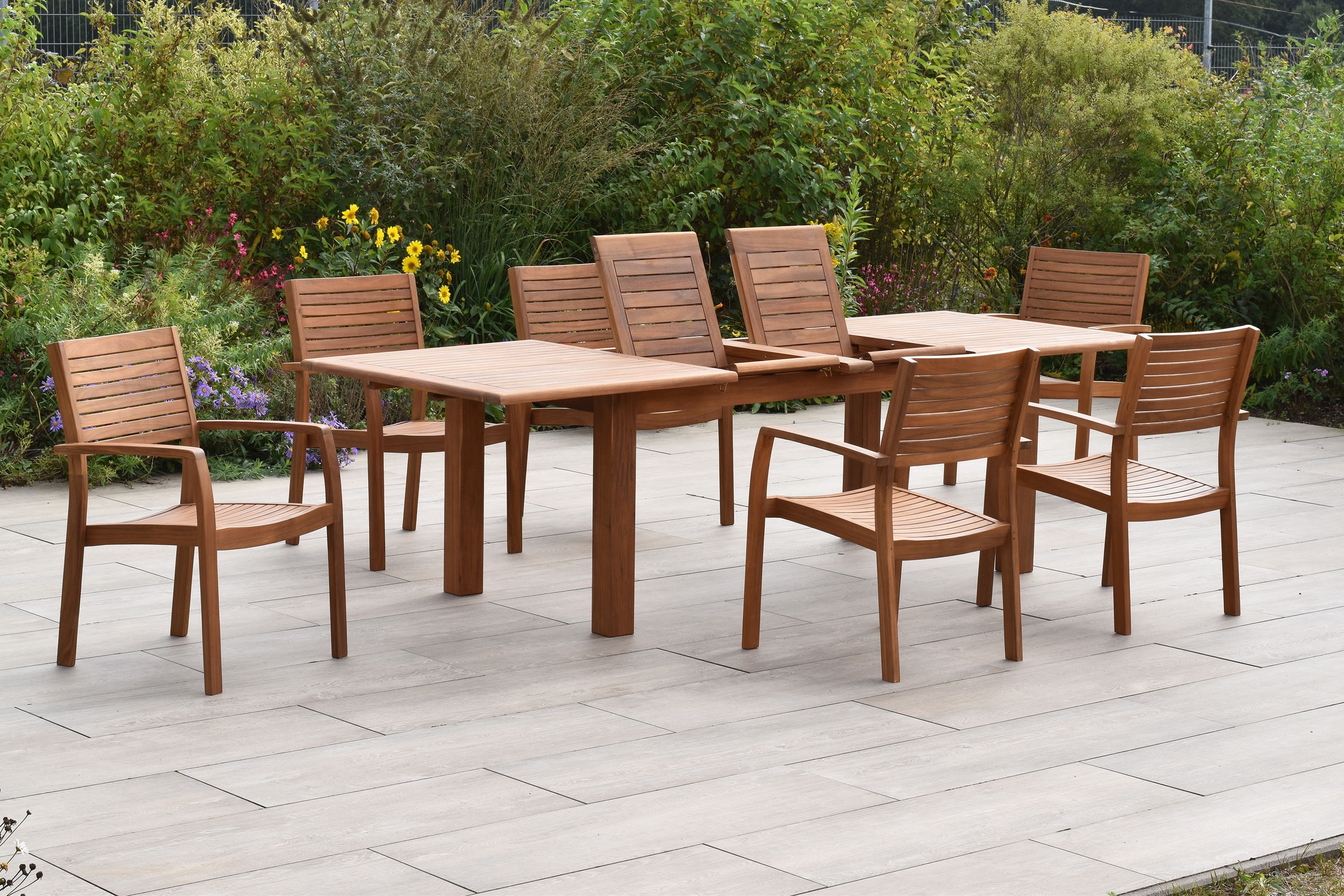 MERXX Garten-Essgruppe »»Batavia««, (Set, 7 tlg., Tisch doppelt ausziehbar: 100x 180/220/260x 75 cm), moderne Landhausoptik in warmen Holznuancen