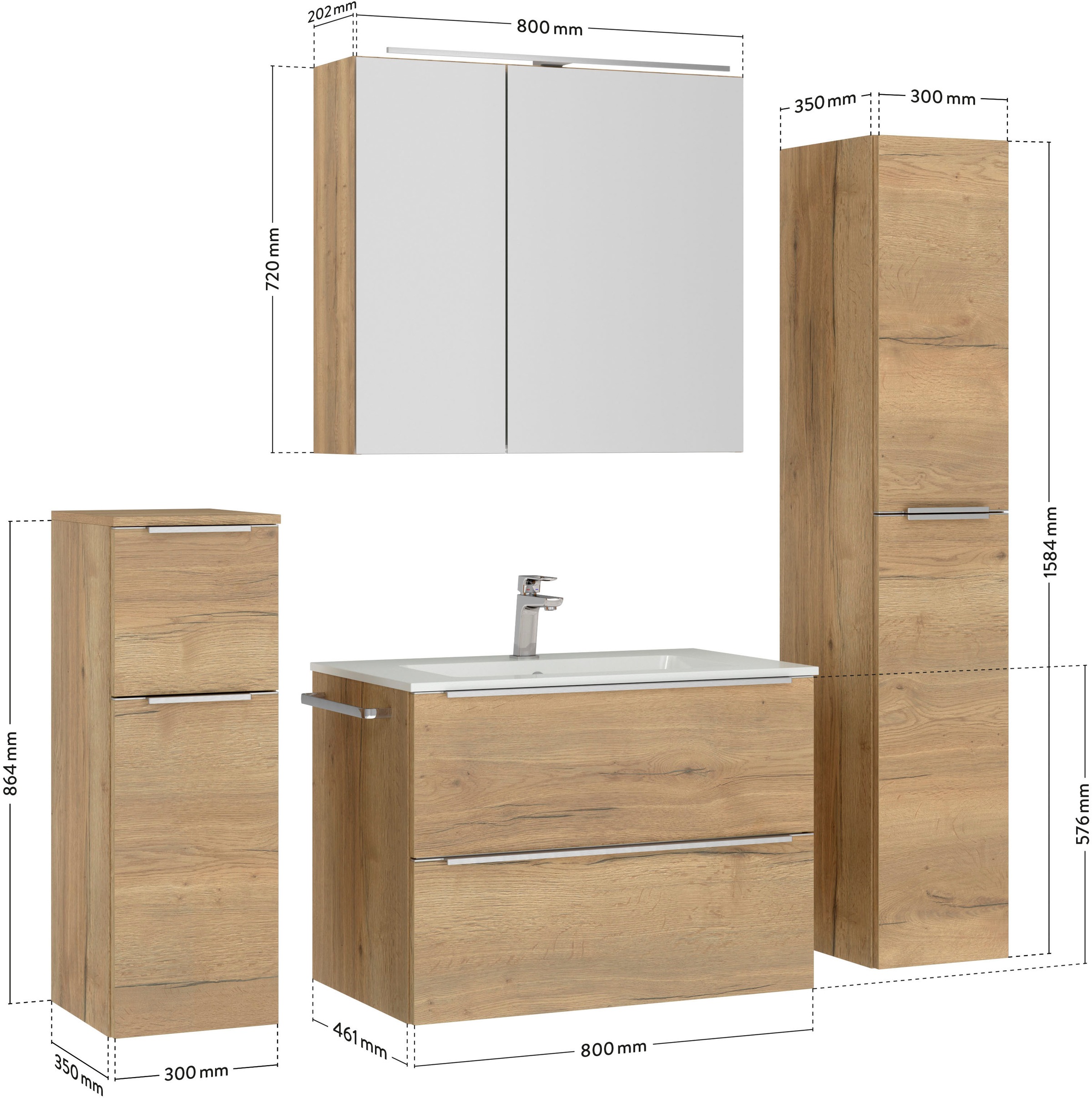 nobilia® Badmöbel-Set »Levere«, (4 St., vormontiert, mit Soft-Close), inkl. Spiegelschrank mit Beleuchtung und Dimmerfunktion, in 4 Breiten