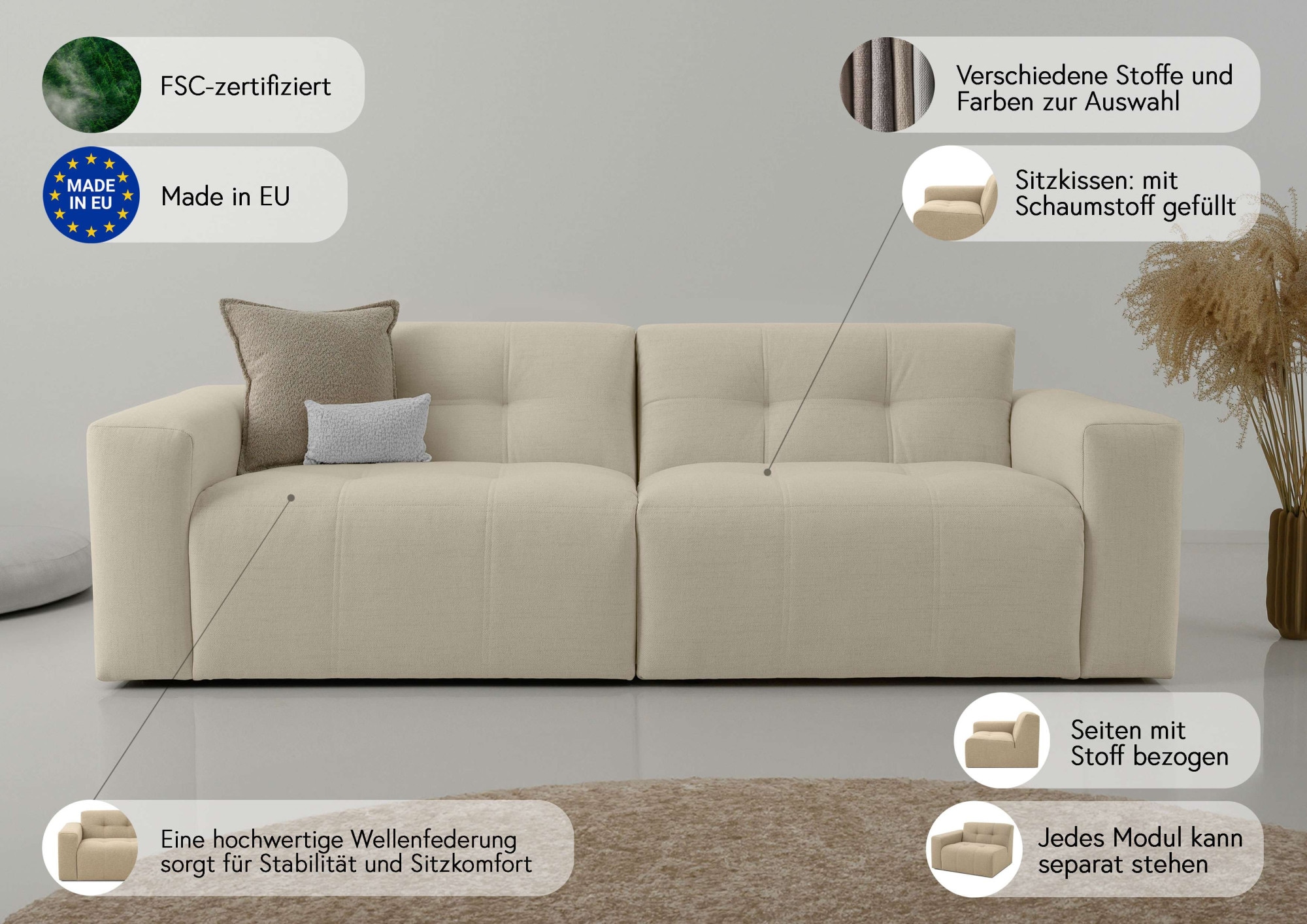 OTTO home 3-Sitzer »Tapley« Breite 220 cm,Boucle, Struktur fein, mit Knopfsteppung, bodentief