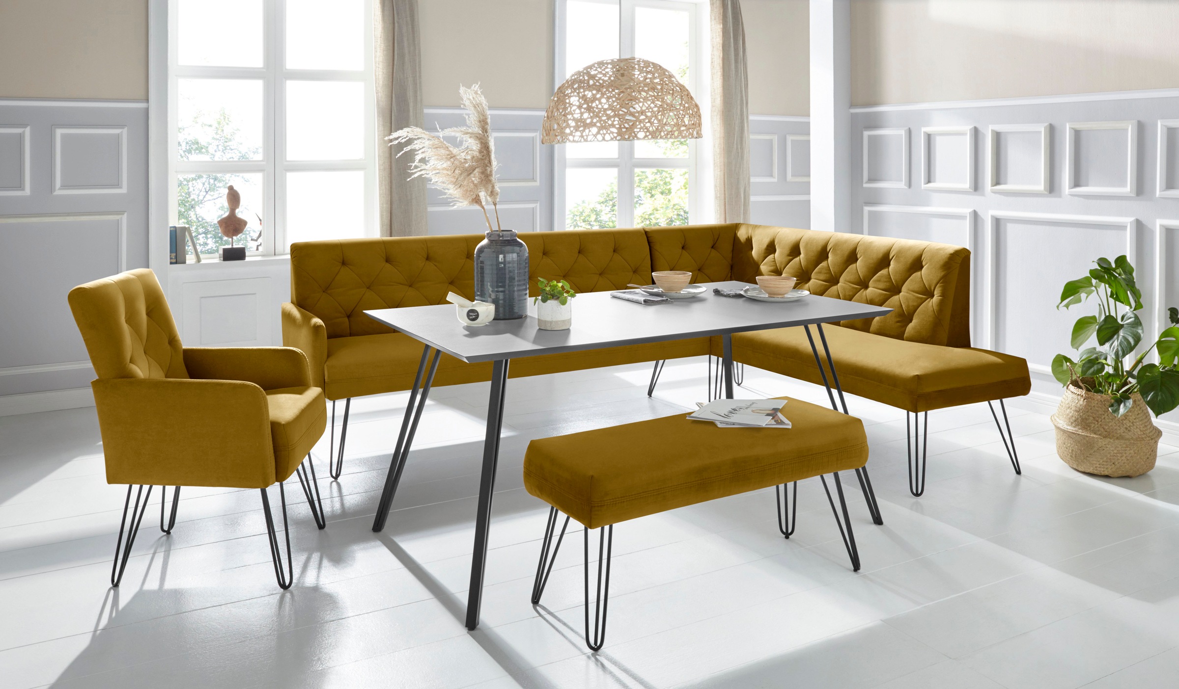 exxpo - sofa fashion Eckbank »Doppio, Chesterfield Optik, komfortabel und bequem, hohe Designfüße«, Frei im Raum stellbar