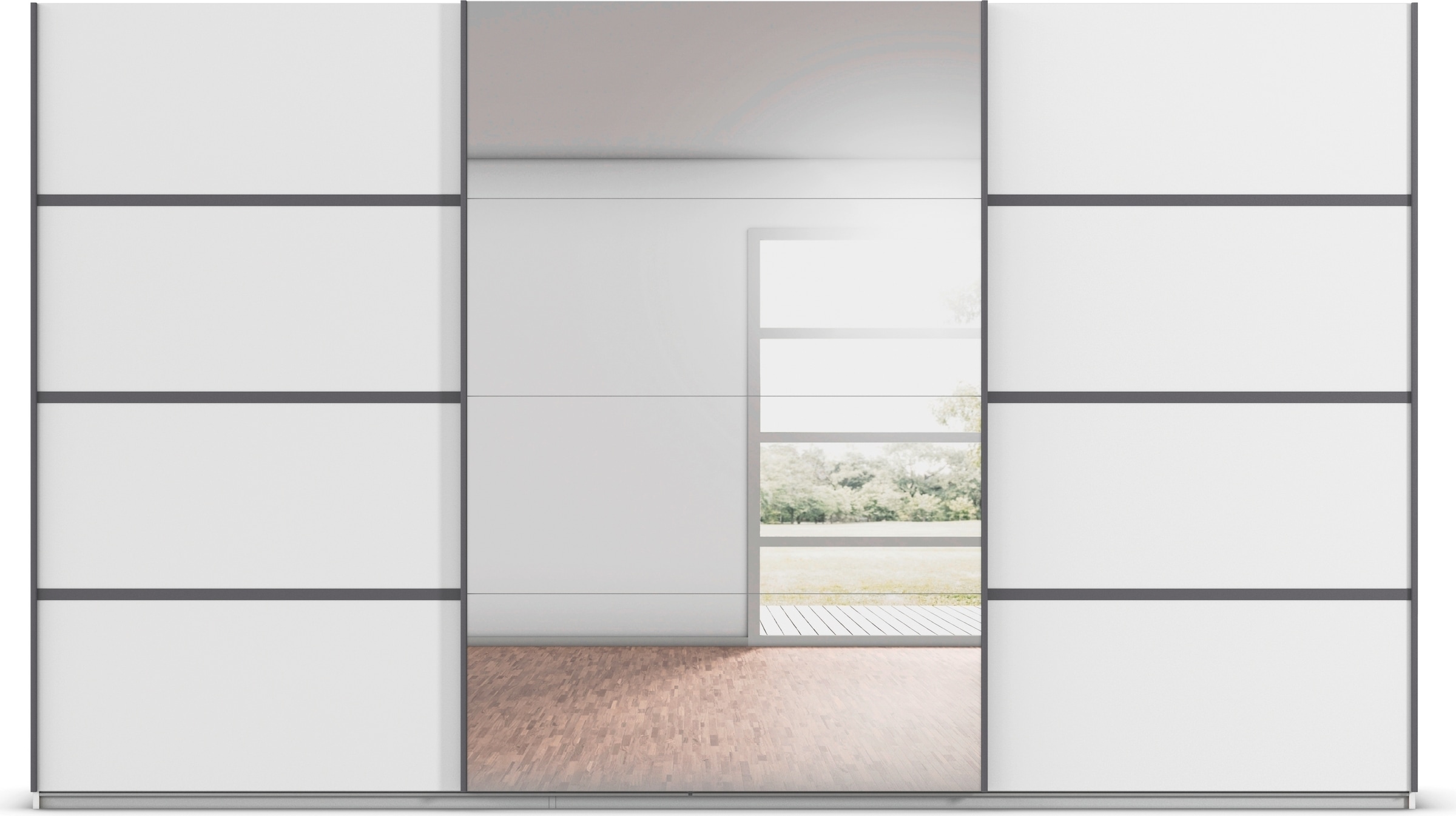 rauch Kleiderschrank »Schwebetürenschrank Garderobe Schrank TOP ANGEBOT Avola«, (in 3 verschiedenen Ausstattungen BASIC/CLASSIC/PREMIUM inkl. Spiegel), mit eleganten Zierleisten in Chrom, Schwarz oder Weiß MADE IN GERMANY