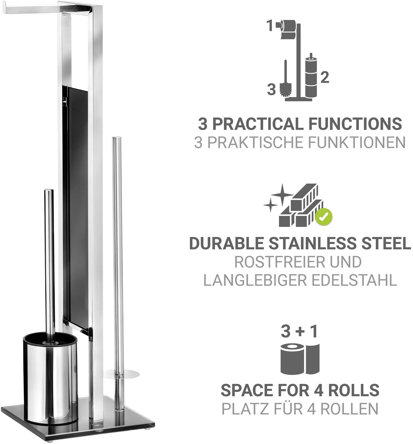 WENKO WC-Garnitur »Rivalta« Set aus Edelstahl | Sicherheitsglas Toilettenpapierhalter & WC-Bürstenhalter mit WC-Bürste & Ersatzbürste