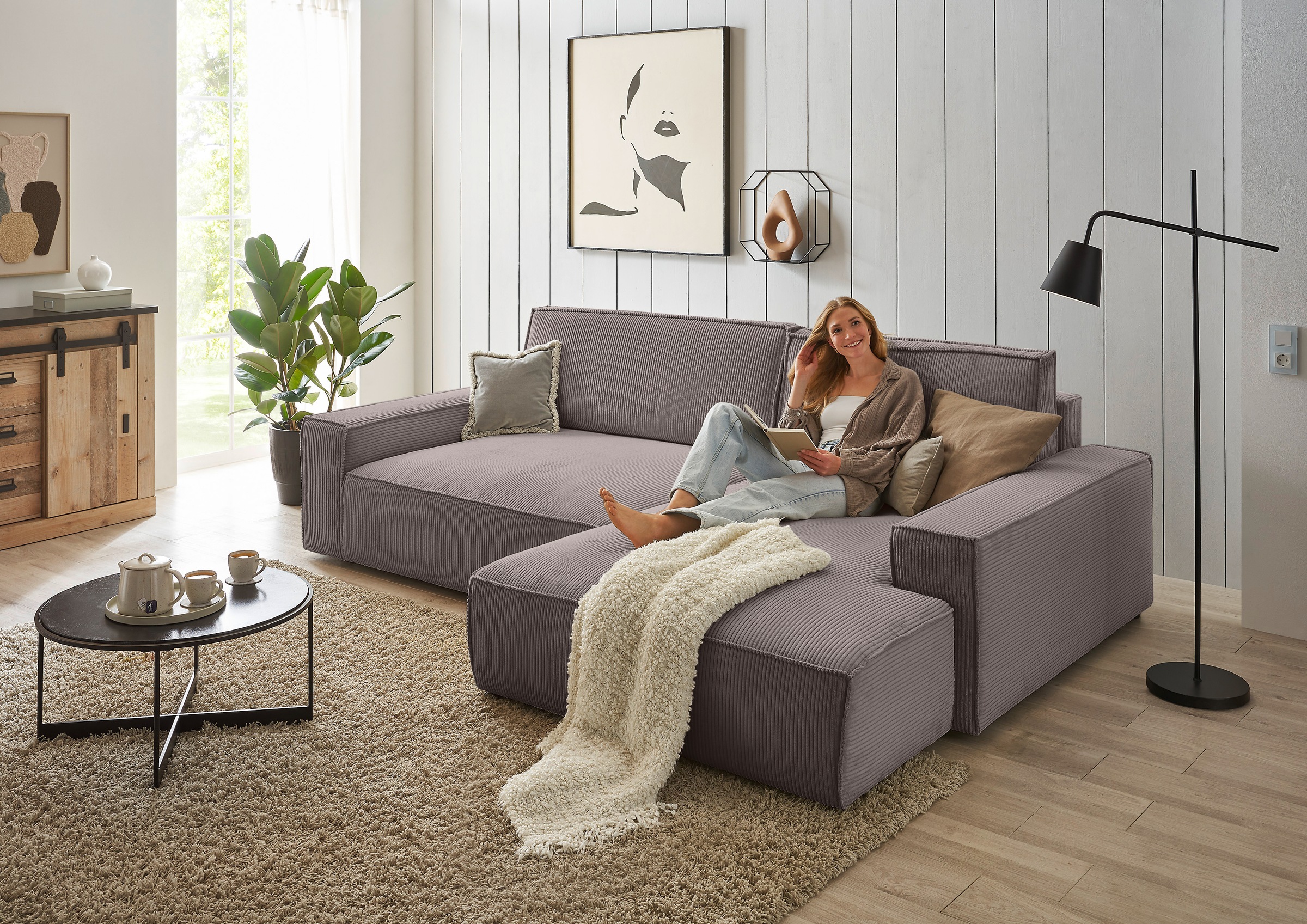 Home affaire Ecksofa »NEU: SHERWOOD XXL 284, Big-Sofa L-Form, tiefe Sitzfläche 95 cm, Cord«, Recamiere rechts/links, als Schlafsofa stellbar, Cord u. Leinenoptik