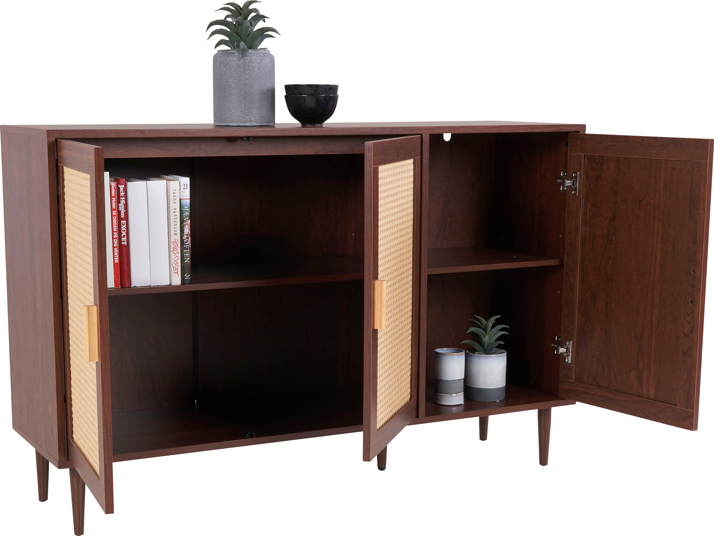 Homexperts Sideboard »Andy«, Kiefer Optik, Rattan, kiefer griff, 3 Türen & 2 Einlegeböden