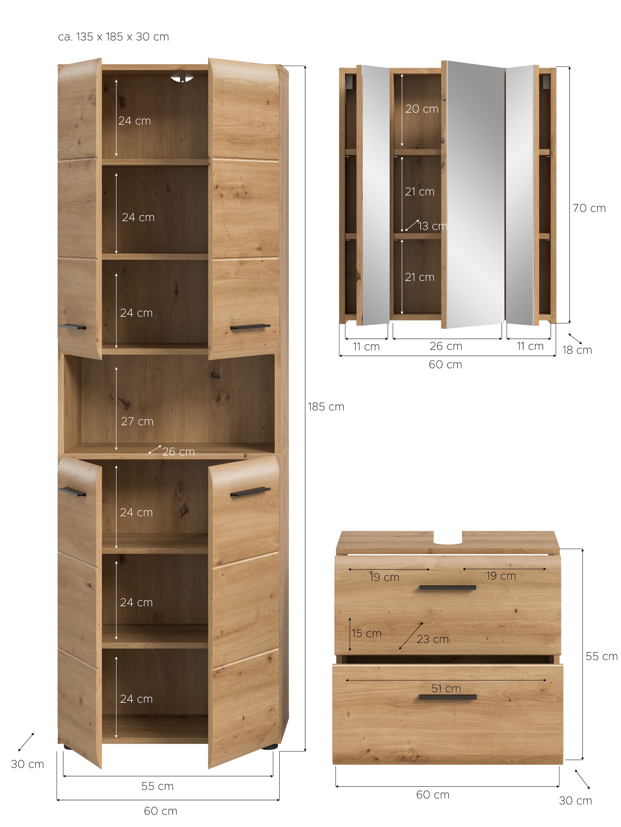 INOSIGN Badmöbel-Set »FLORENZ, TOPSELLER!, 3-teilige Badkombination, hochwertige MDF-Front«, (Set, 3 St., best. aus: 1 Hochschrank, 1 Waschbeckenunterschrank, 1 Spiegelschrank), Florenz, Badkombination 3-tlg., Artisan Oak NB, Hochschrank, WBU