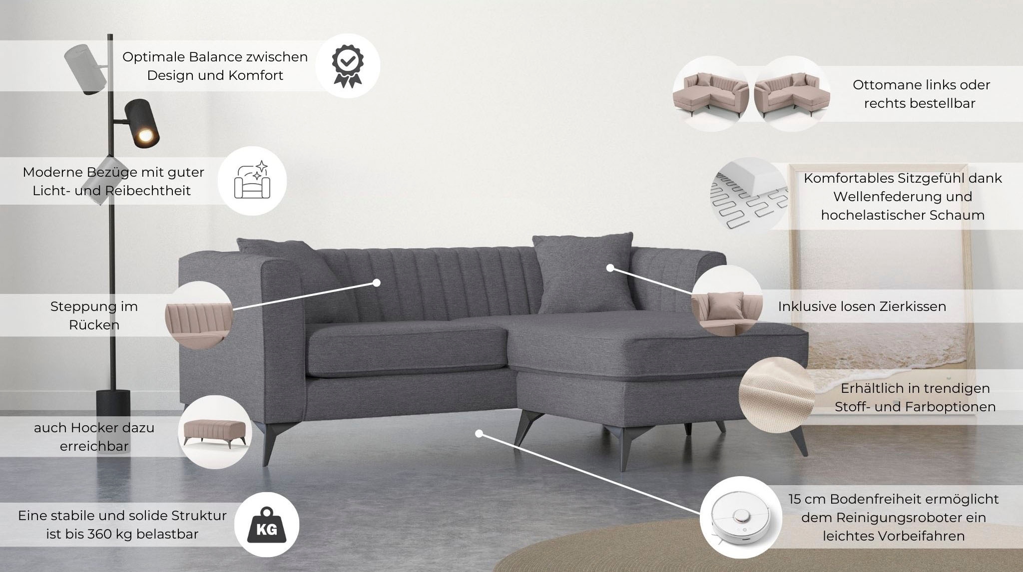Places of Style Ecksofa »MATTHEW L-Form ideal für kleine Räume, Maße B/T/H: 201/162/74 cm«, elegantes Designsofa, feine Steppung im Rücken, incl. Zierkissen