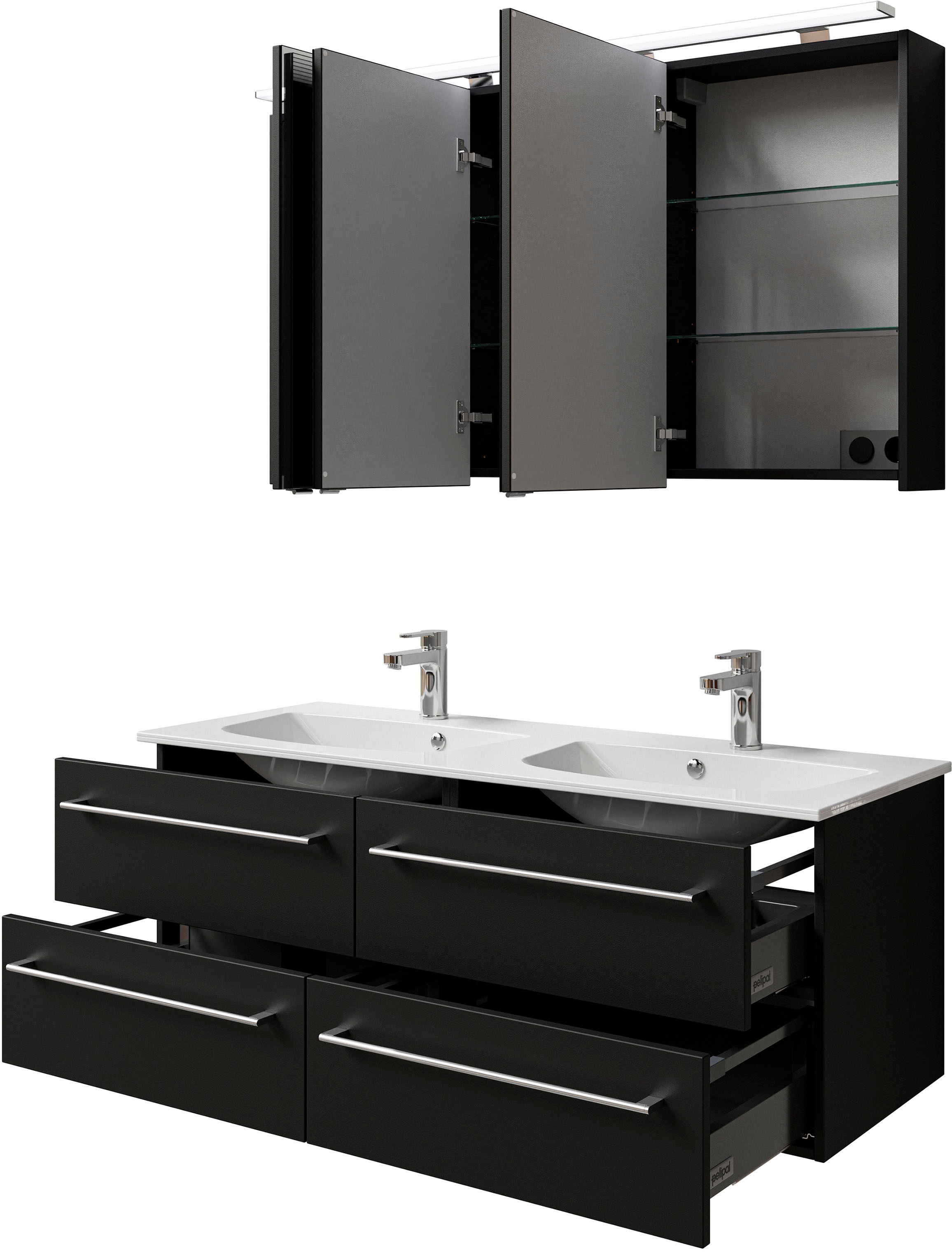 Saphir Badmöbel-Set »Serie 6025 2-teilig Mineralmarmor-Waschtisch mit LED-Spiegelschrank«, (2 St.), Waschplatz 132cm breit, 4 Schubladen, 2 Spiegel-Türen, inkl Türdämpfer
