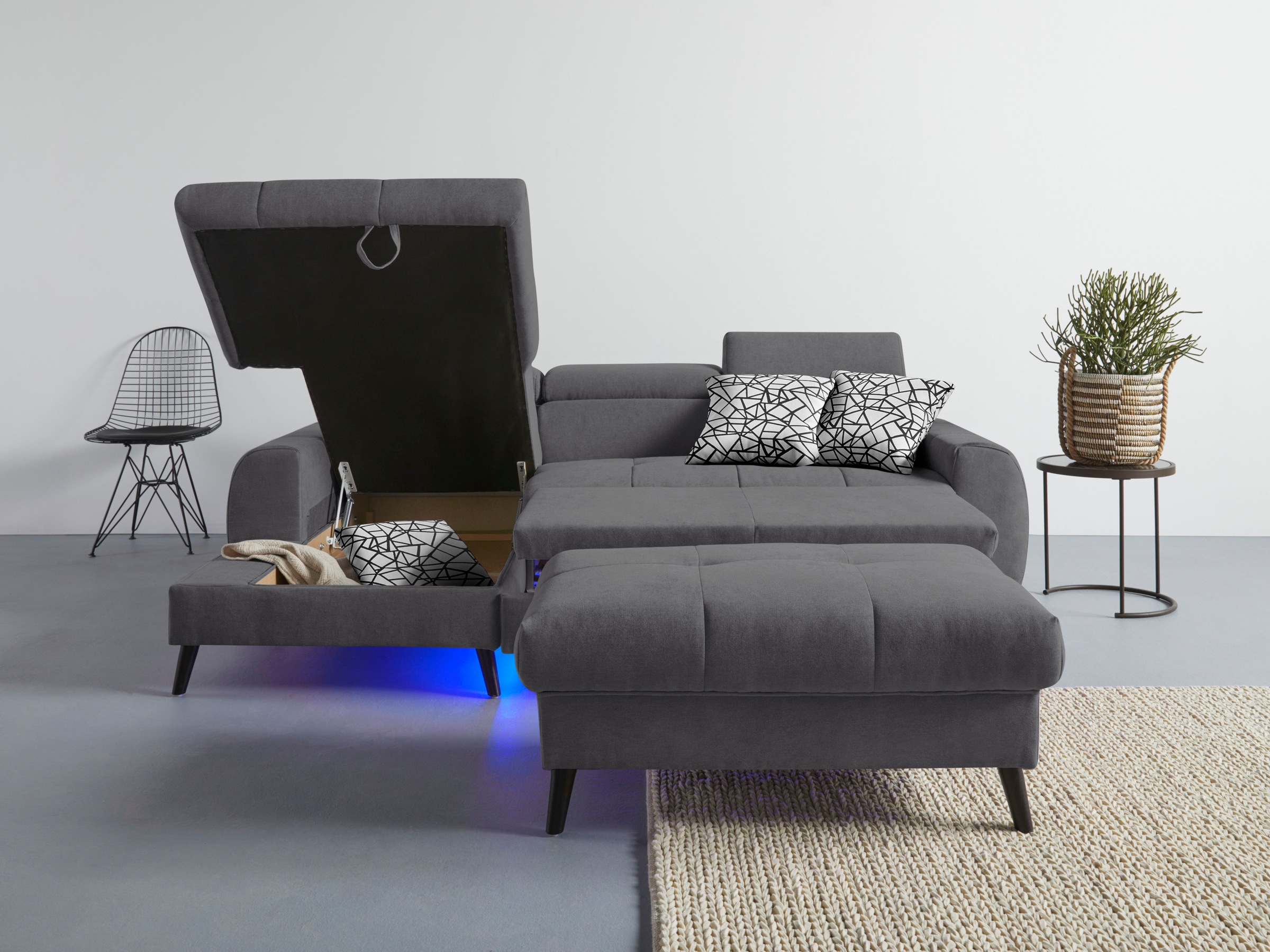 COTTA Ecksofa »Mia L-Form mit 3 Zierkissen«, wahlweise mit Bettfunktion, Bettkasten, Beleuchtung & Wireless-Charger