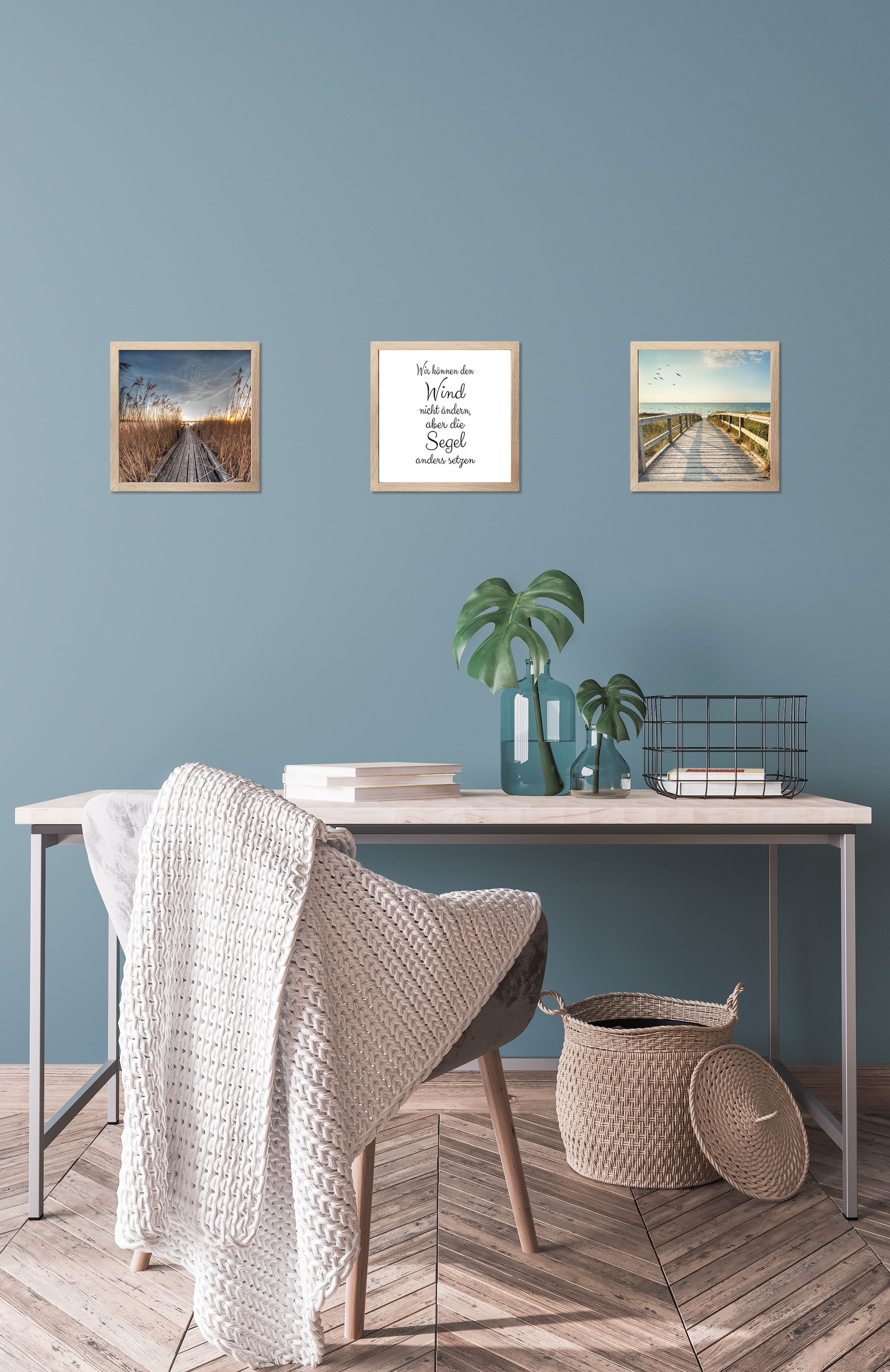 Bönninghoff Bild mit Rahmen, Steg-Strand-Sprüche & Texte-Natur-Meer Bilder-Landschaft-Wiesen & Baumbilder-Schriftzüge-See, (3 St.)
