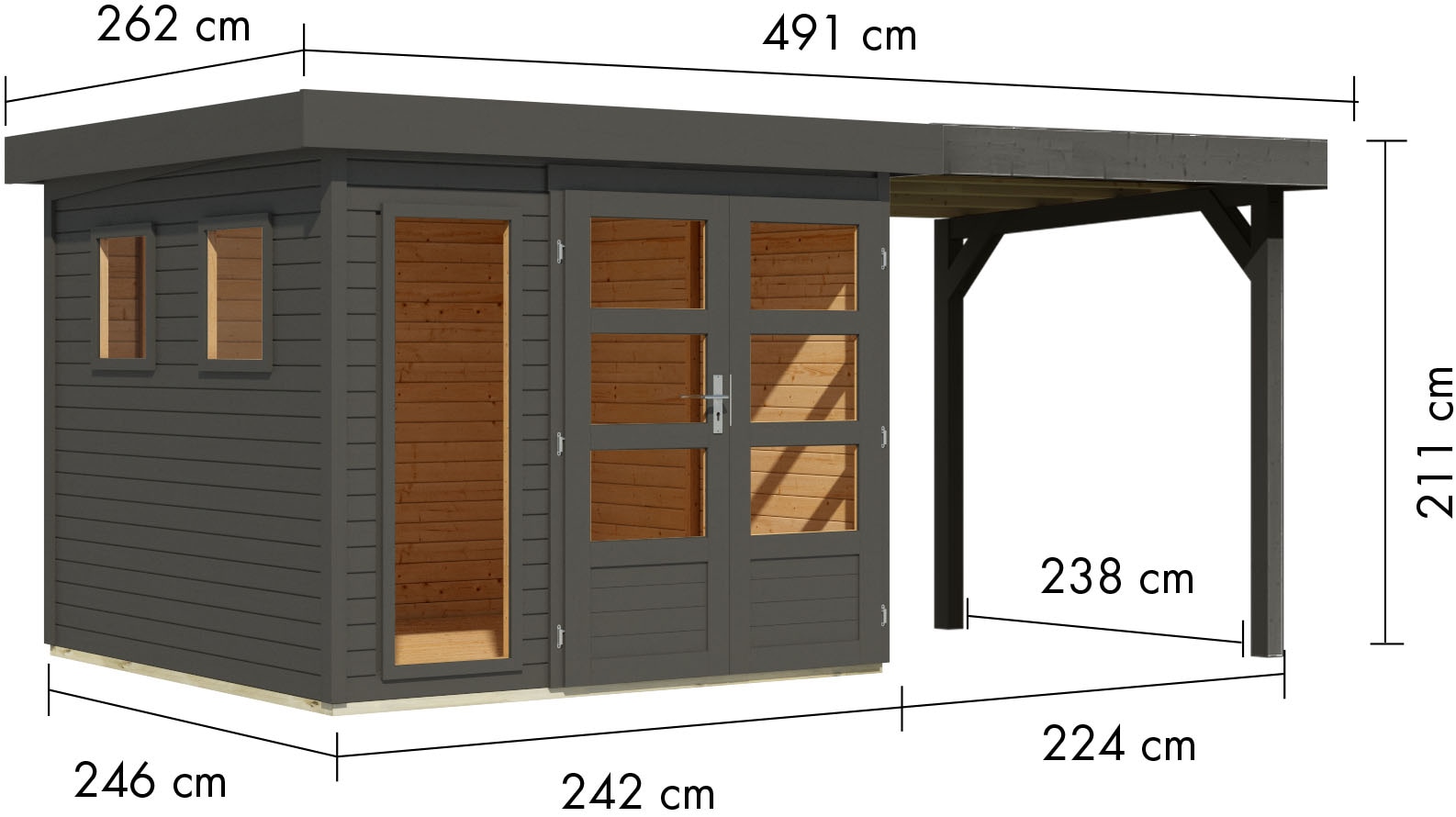 Karibu Gartenhaus »Langesee 3,5 mit Anbaudach«, aus hochwertiger nordischer Fichte mit wasserabweisender Profilierung