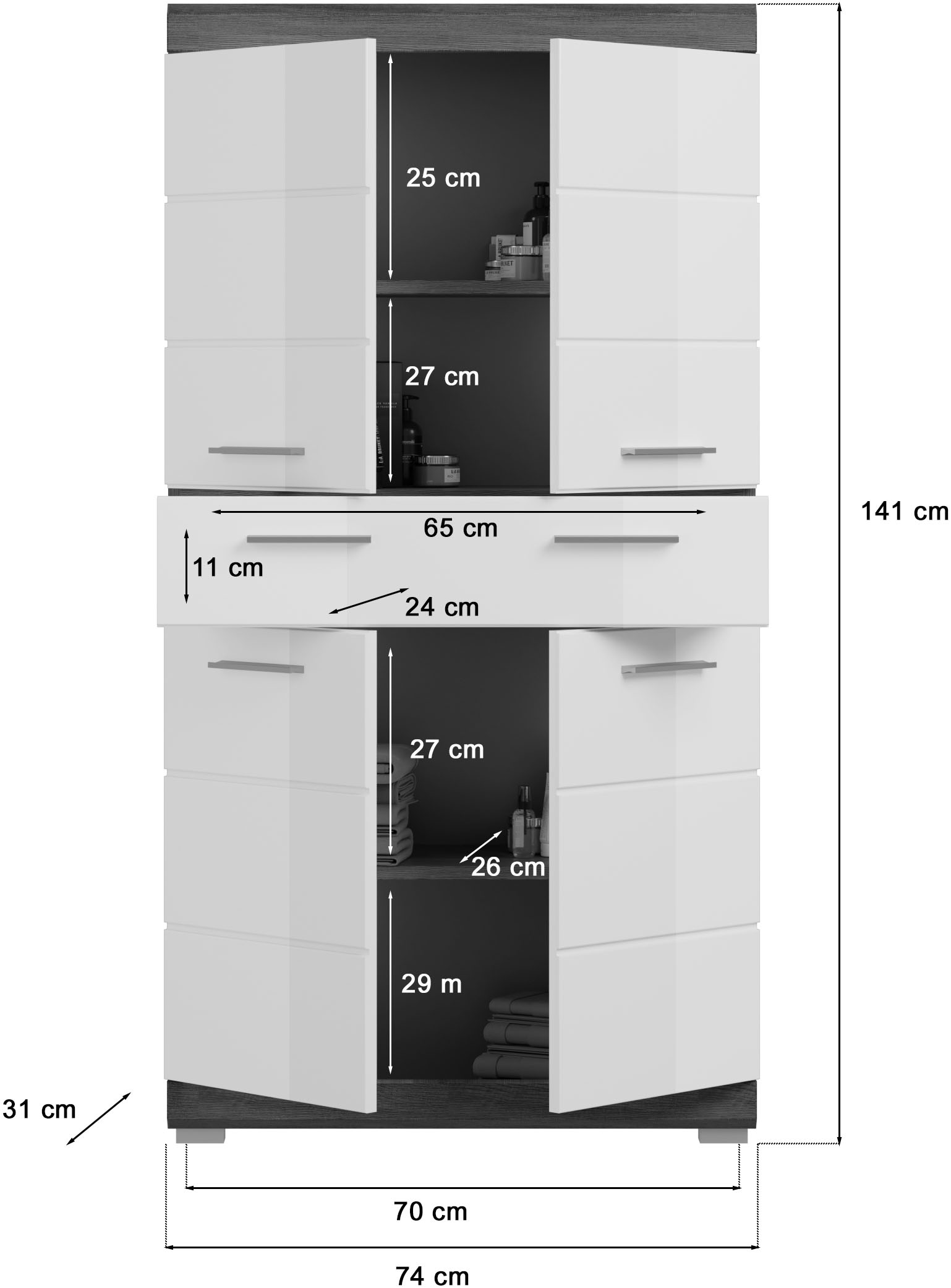 INOSIGN Midischrank »Siena, Breite 74cm, 4 Türen, 1 Schubkasten, 4 Fächer, MDF-Front«, in verschiedenen Farben erhältlich, Badmöbel, Badschrank, Schrank, Bad