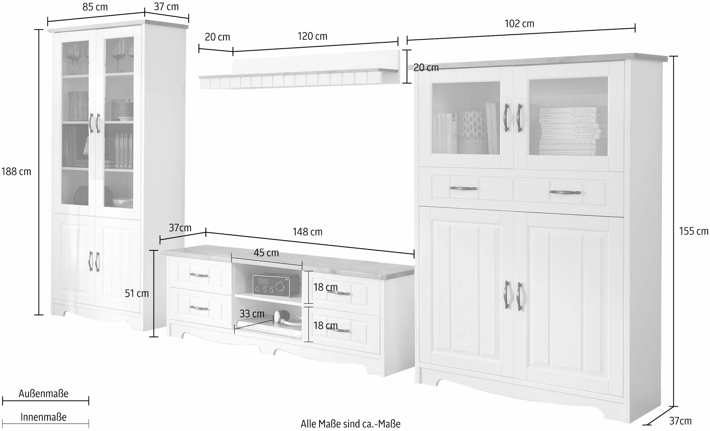 Home affaire Wohnwand "Trinidad", (Set, 4 St.), Set aus 1 Vitrine, 1 Lowboa günstig online kaufen