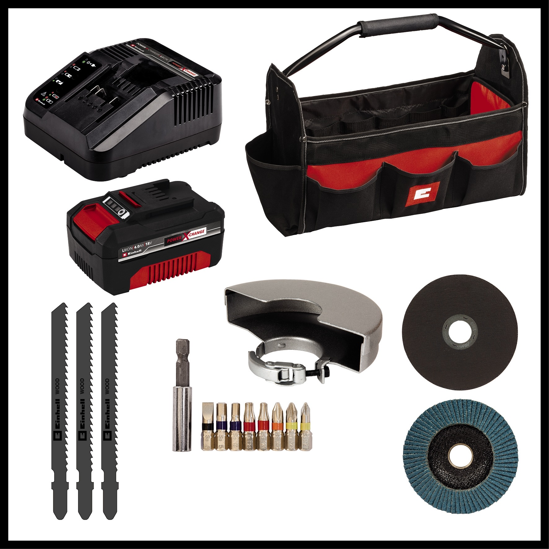 Einhell Elektrowerkzeug-Set »TE-TK 18/3 Li Kit (JS+CD+AG)«, (Set, 13 tlg.), Akku-Bohrschrauber, -Winkelschleifer und -Stichsäge, Tasche