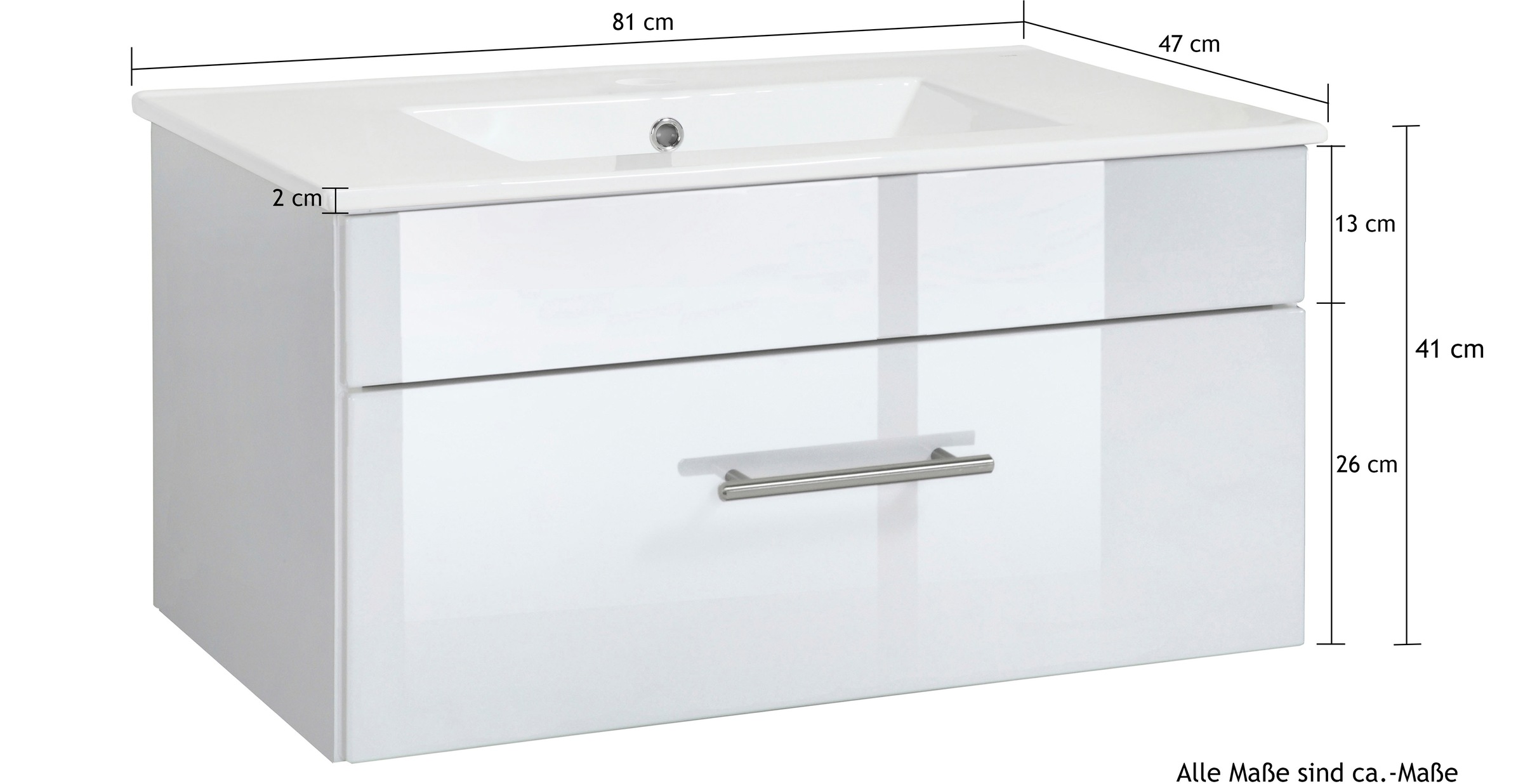 welltime Waschtisch »Trento Light mit Keramik-Auflagebecken«, 1 feste Blende und 1 Auszug, Breite: 101cm, Weiß Hochglanz