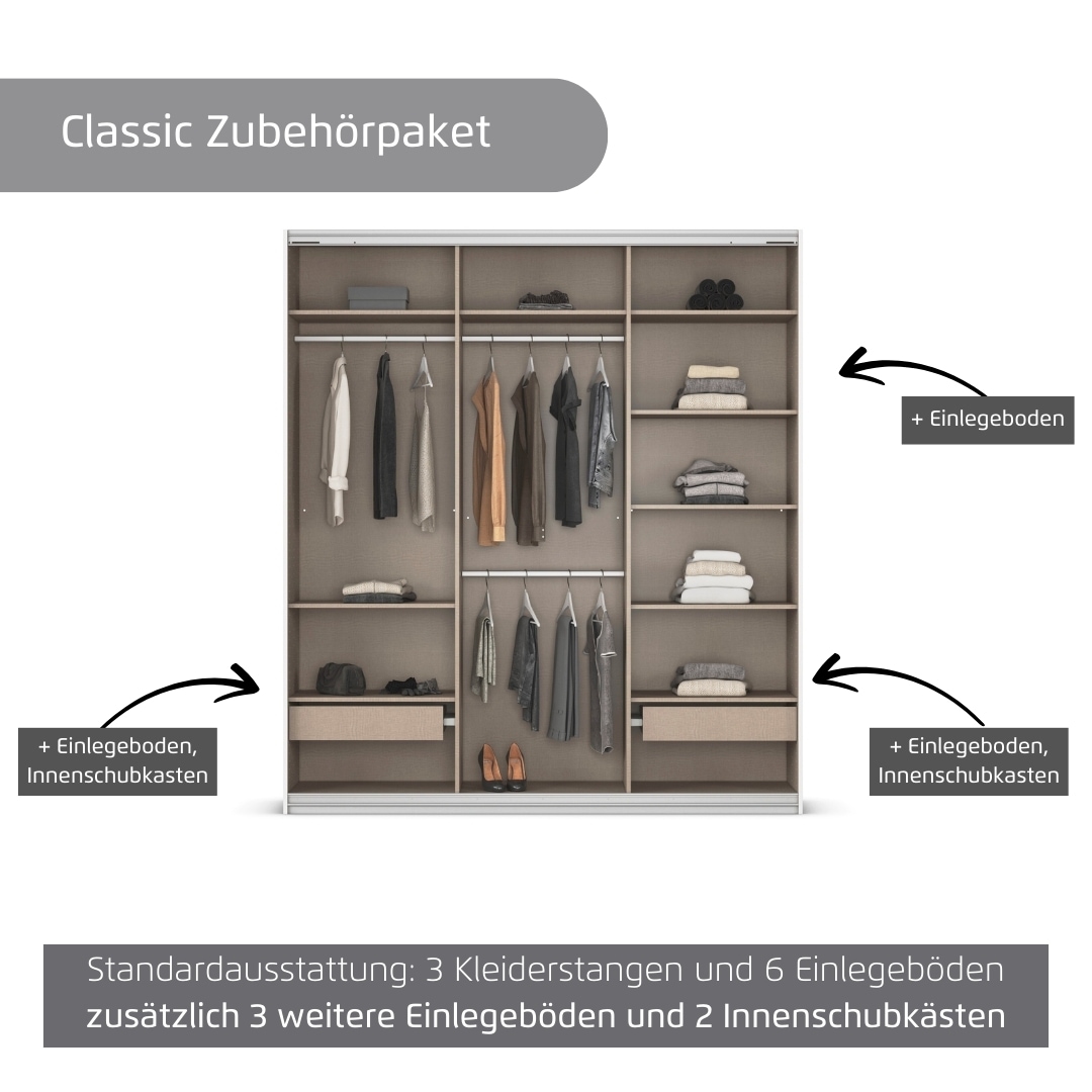 rauch Kleiderschrank »Schwebetürenschrank OTTO´s Choice Garderobe Schrank TOP ANGEBOT Avola«, (in 3 verschiedenen Ausstattungen BASIC/CLASSIC/PREMIUM), mit eleganten Zierleisten in Chrom, Schwarz oder Weiß MADE IN GERMANY