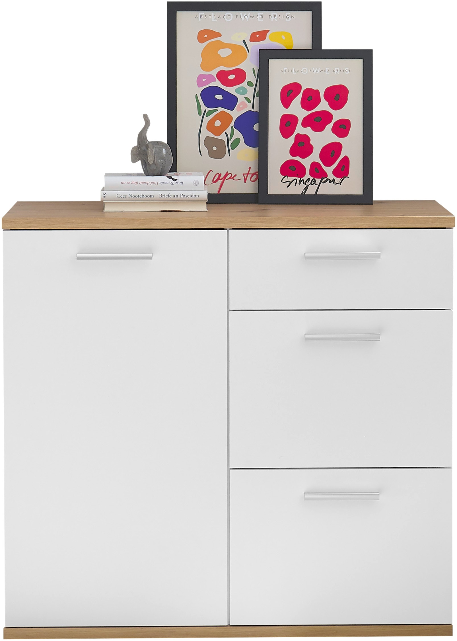 HBZ Kommode »BC1035 weiß matt, BxHxT 95x86x38 cm«, Kommode mit 1 Tür, 3 Schubkästen, 1 Einlegeboden
