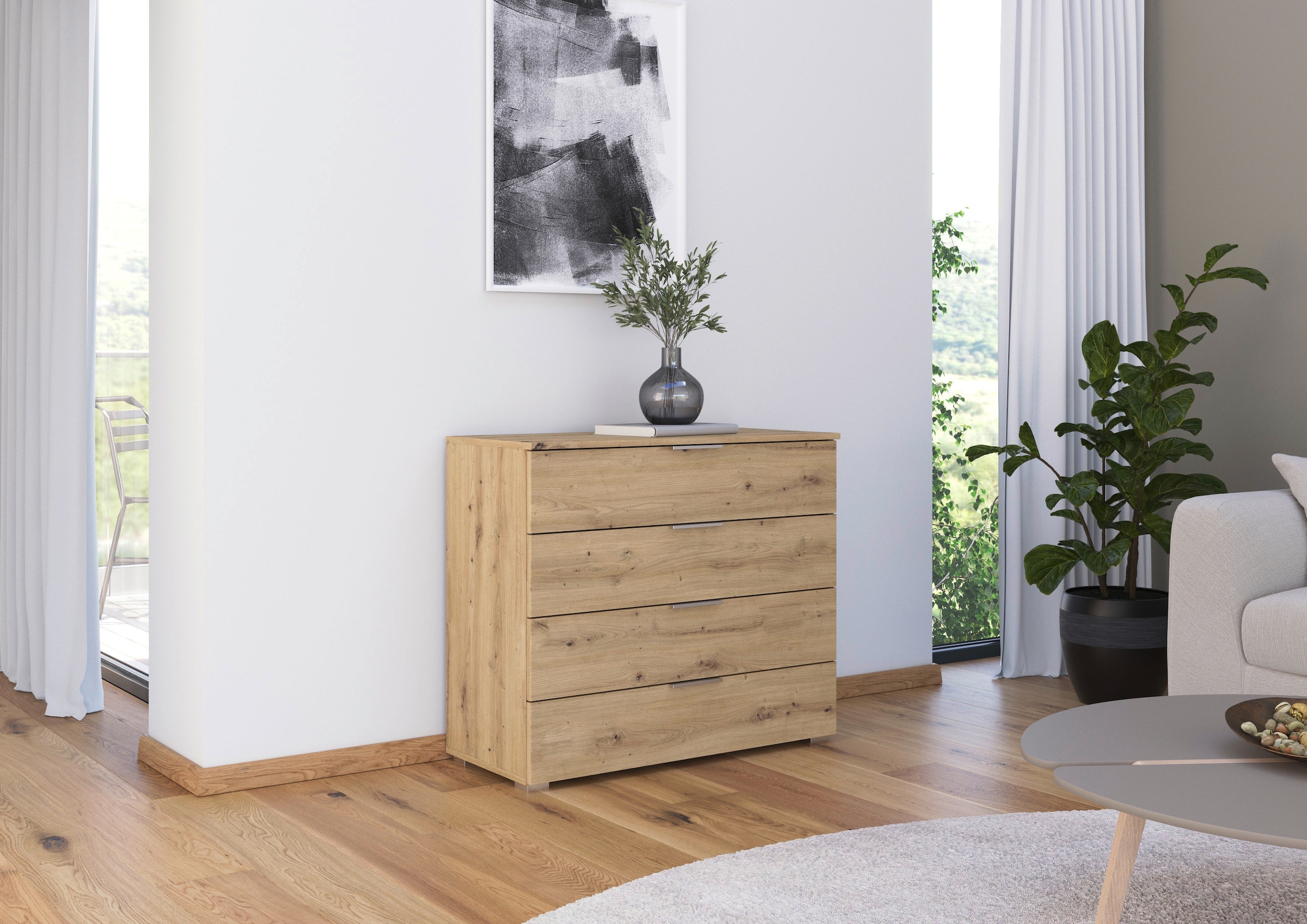 rauch Schubkastenkommode »Sideboard Schubladenkommode AGORDO mit Dekor- oder Hochglanzfront«, (in zwei Griff-Farben, Breite 80 cm inkl. Soft-Close-Funktion), vier große und geräumige Schubladen mit viel Stauraum MADE IN GERMANY