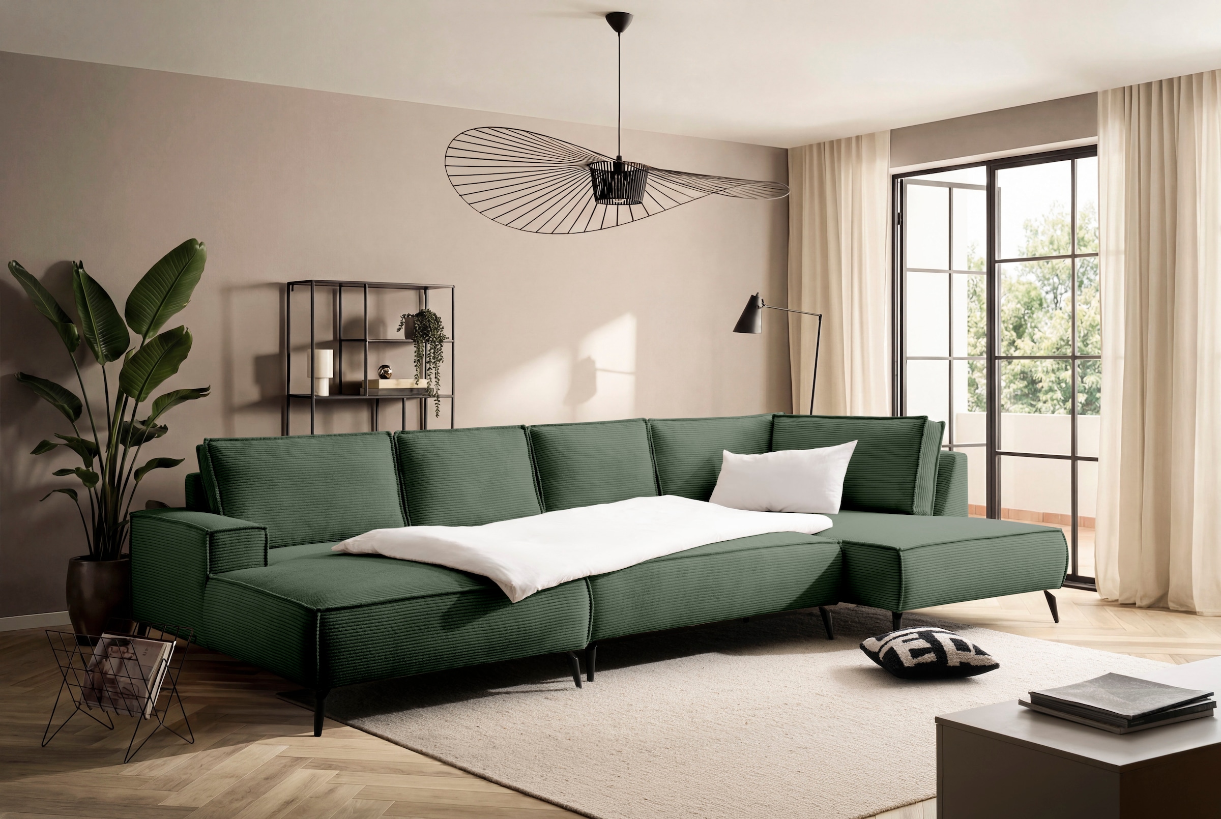 Home affaire Wohnlandschaft »Tvinnu, moderne U-Form, Couch in Cord oder Webstoff in Leinenoptik« Recamiere rechts/links, schwarze Metallfüße, bequeme Sitz-/Liegefläche