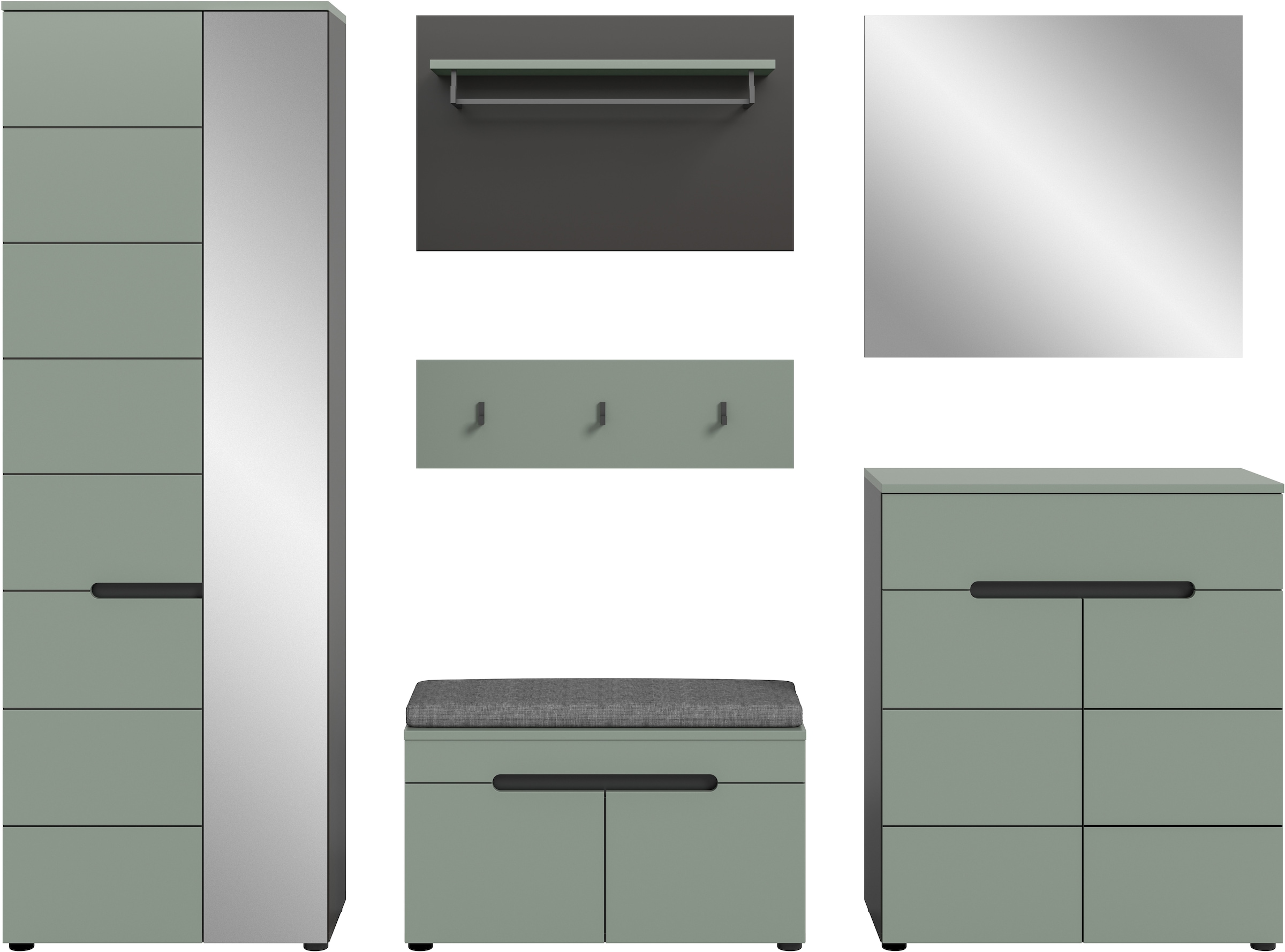 INOSIGN Garderoben-Set, (Set, 6 St., Schrank, Sitzbank, Sitzkissen, Paneel, Hakenleiste, Spiegel, Kommode), Garderobenkombination, Kombination, Set, Flurgarderobe, Diele