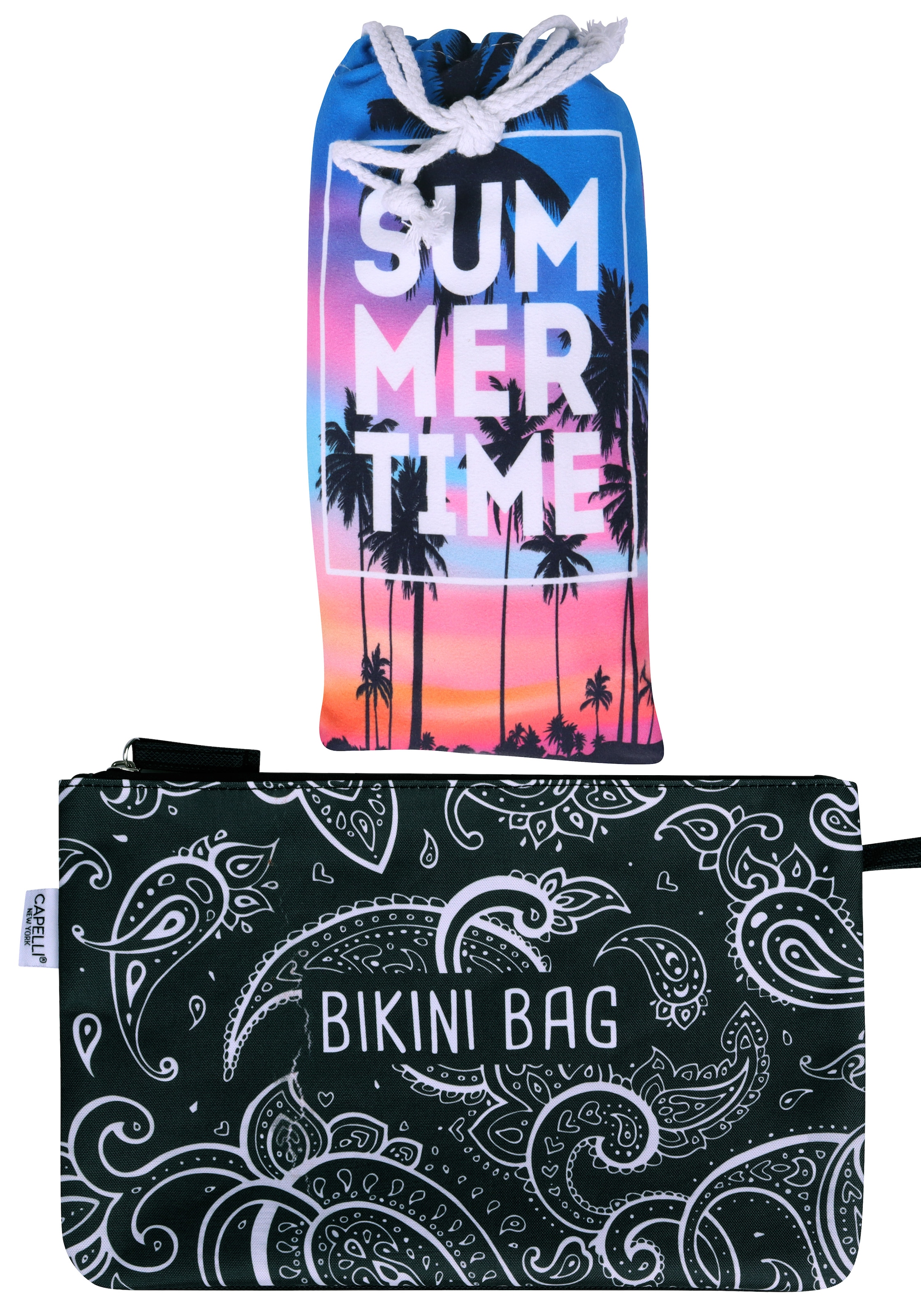 Capelli New York Damen Strandtuch schnell trocknend, inklusive Bikini-Bag 1 Stk., Palmen Sonnenuntergang, Frotteevelours