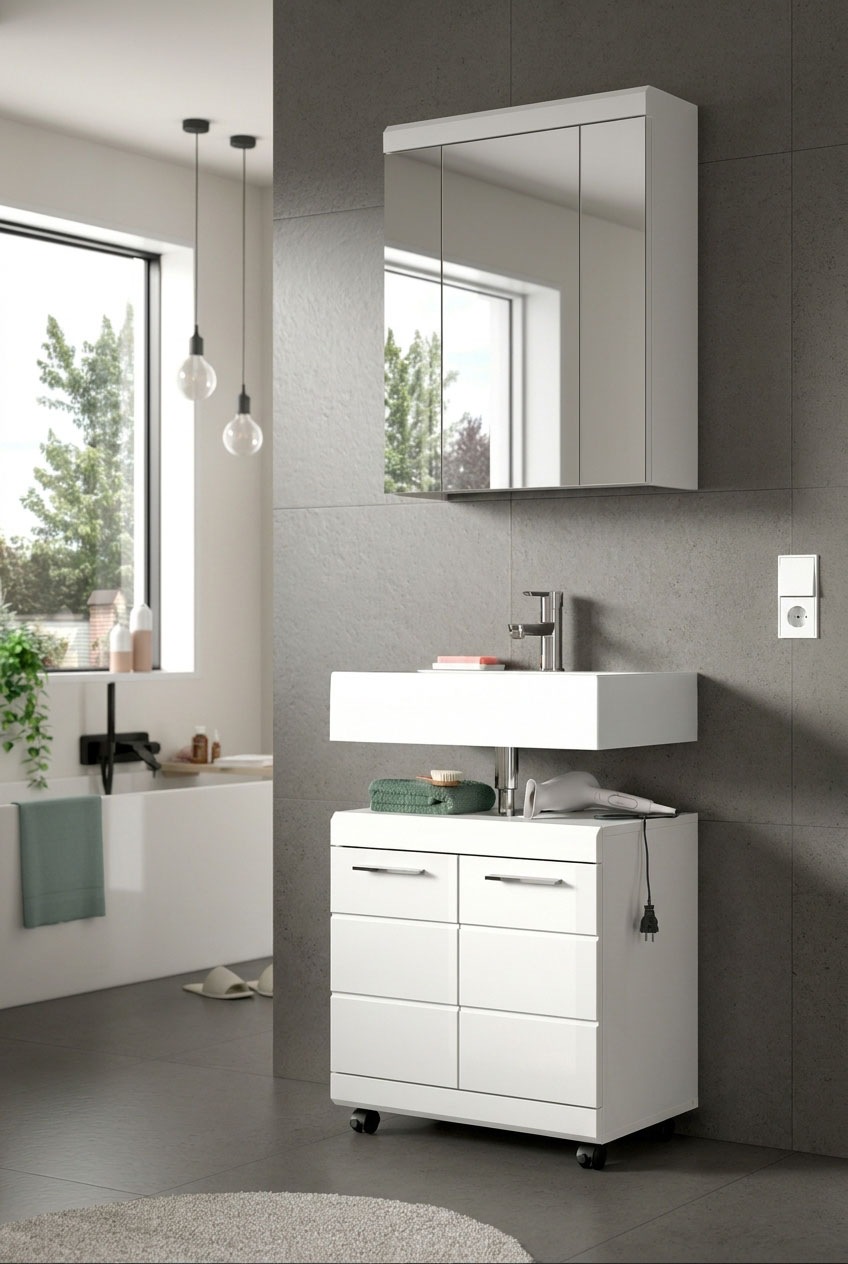 welltime Waschbeckenunterschrank »SIENA, Breite 60cm,  2 Türen, auf Rollen, MDF-Front« TOPSELLER! , mit Siphonausschnitt 10x25 cm,  in verschiedenen Farben erhältlich, Badmöbel, Badschrank, Kommode, Bad