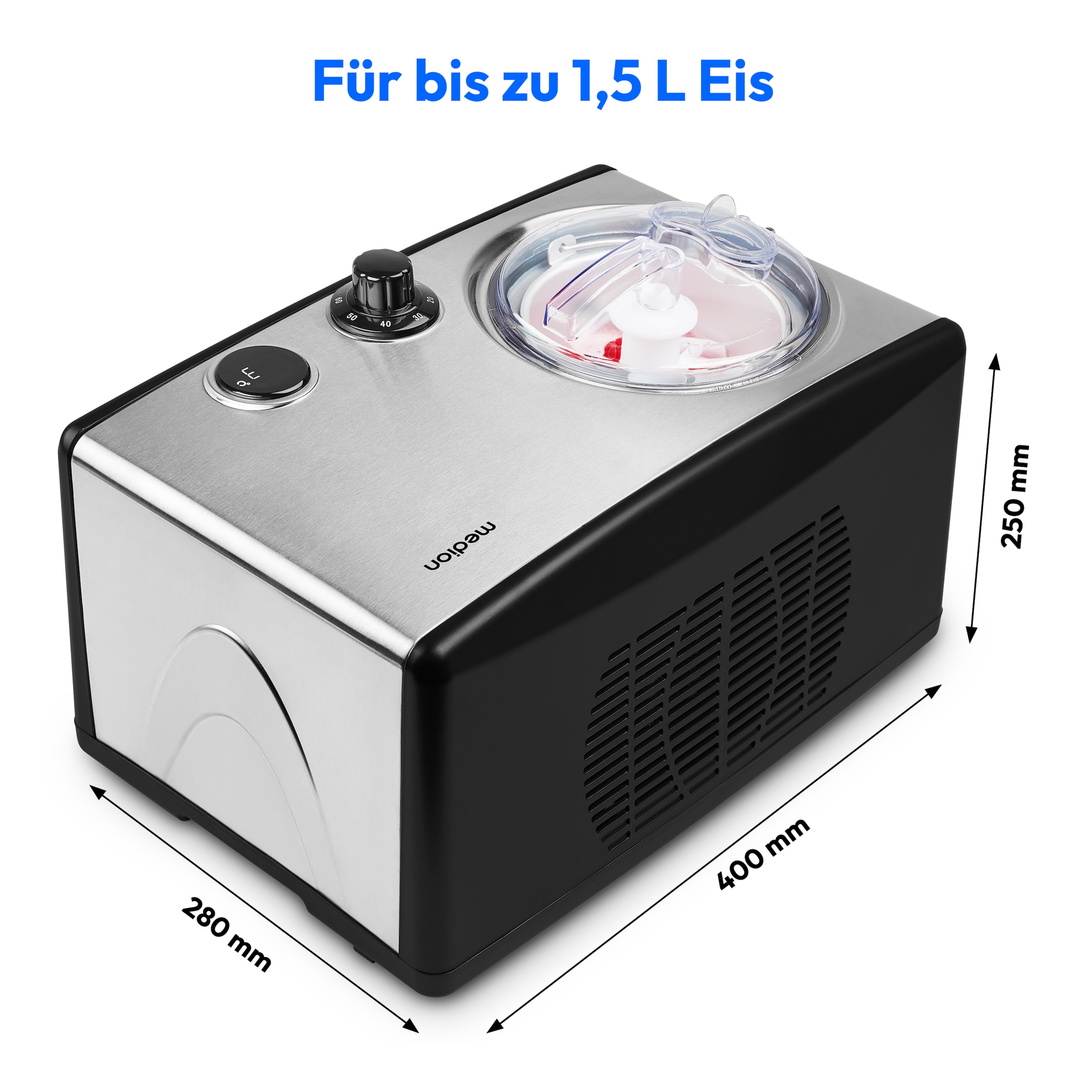 Medion® Eismaschine »MD 18387, 1,5 L Kapazität (800 ml Füllmenge), integrierter Kompressor«, 1,5 l, 150 W, geeignet für die Zubereitung von Eiscreme, Frozen Yoghurt & Sorbet