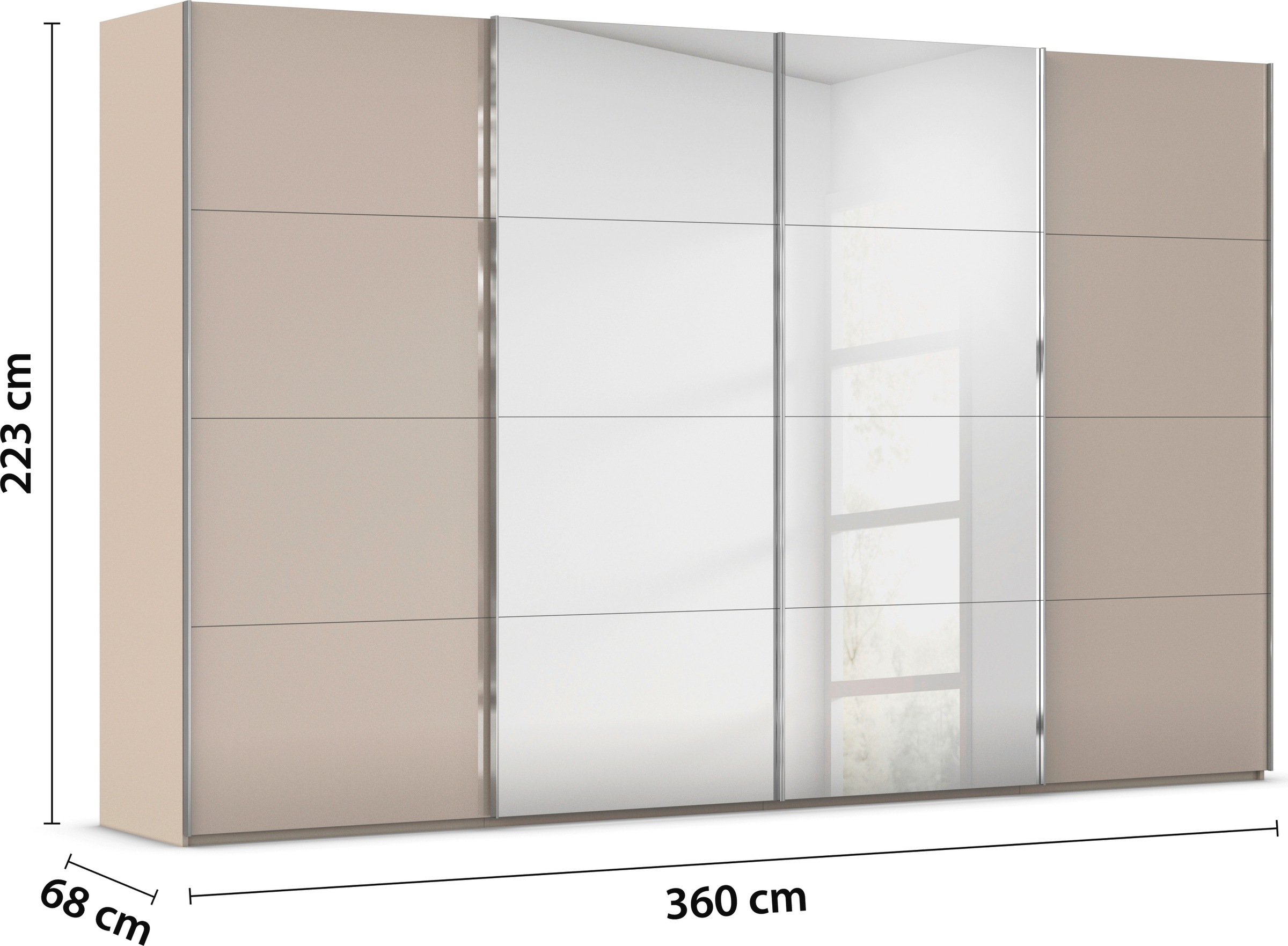 rauch Schwebetürenschrank »Kleiderschrank Schrank Garderobe Schlafzimmerschrank SCALE-FYRA«, edle viergeteilte Türen Spiegel/Glas-Mix viele Farben MADE IN GERMANY