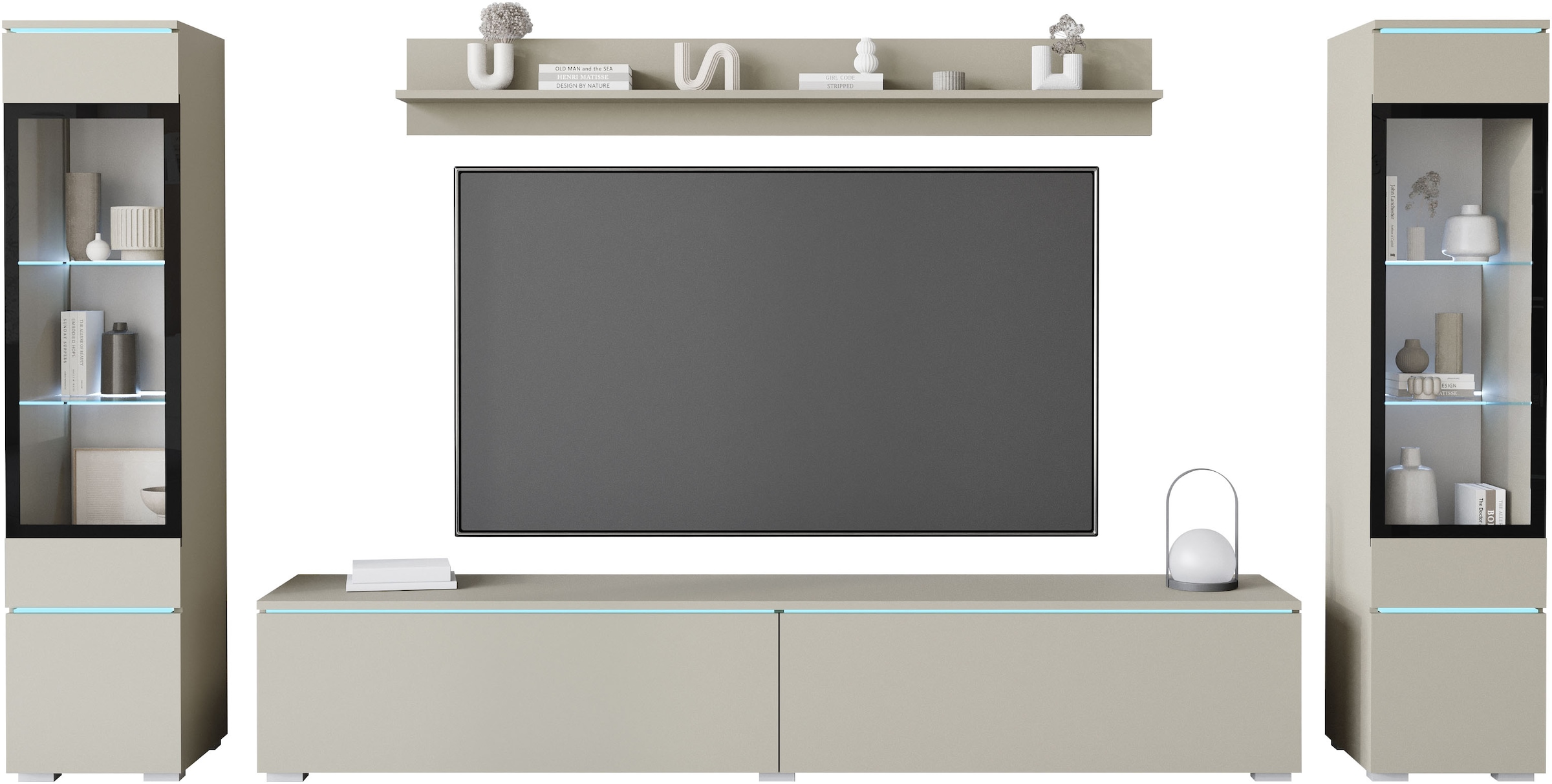 INOSIGN Wohnwand »VERA II, Vitrinen Türanschlag wechselbar«, (Komplett-Set, 4 St.), Mediawand 260 cm, Vitrine mit Verglasung, stehend und hängend
