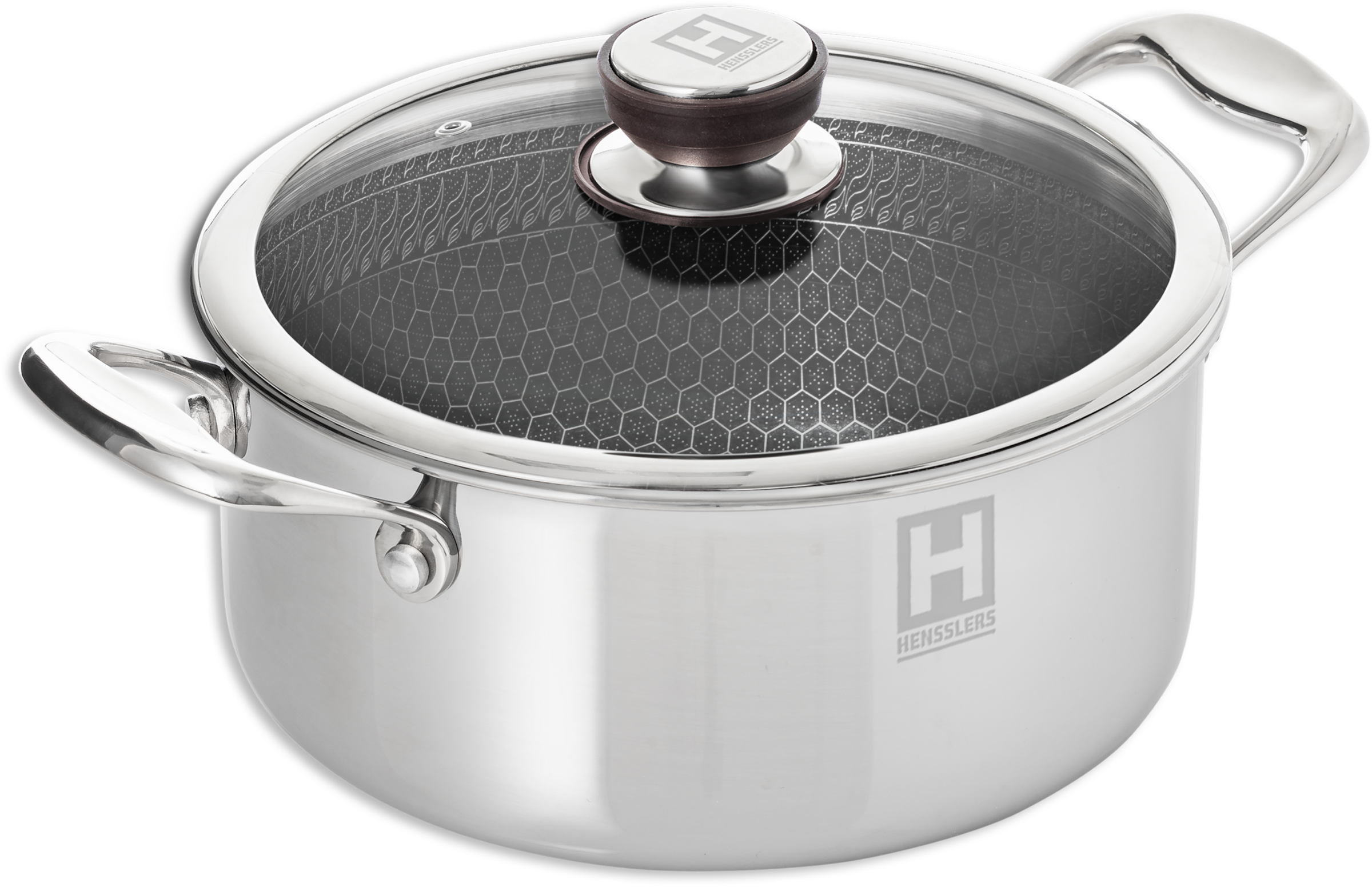 HENSSLERS Topf-Set, Edelstahl, (Set, 5 tlg., 1 Universaltopf Ø 20 cm und Ø 24 cm mit Deckel, 1 Stieltopf 2,2 l), Mehrschichtmaterial für hohe Beständigkeit und Kratzfestigkeit