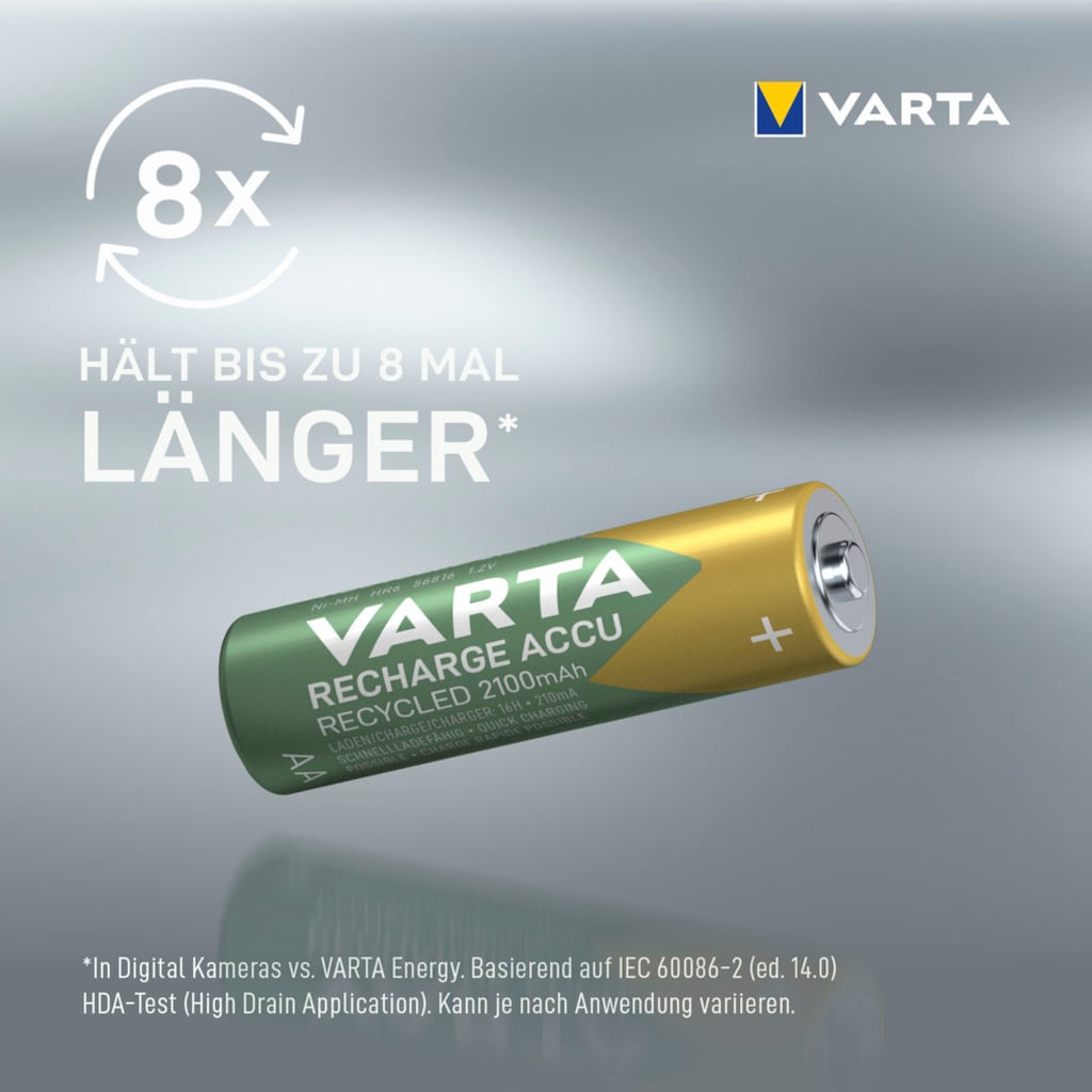 VARTA wiederaufladbare Batterien »wiederaufladbare Akkus«, 1,2 V, (Packung, 4 St.), VARTA Recharge Accu Recycled, Ready-To-Use vorgeladener AA Micro Ni-MH Akku (4er Pack, 2100mAh) - aus 11% recyceltem Material - wiederaufladbar ohne Memory Effekt