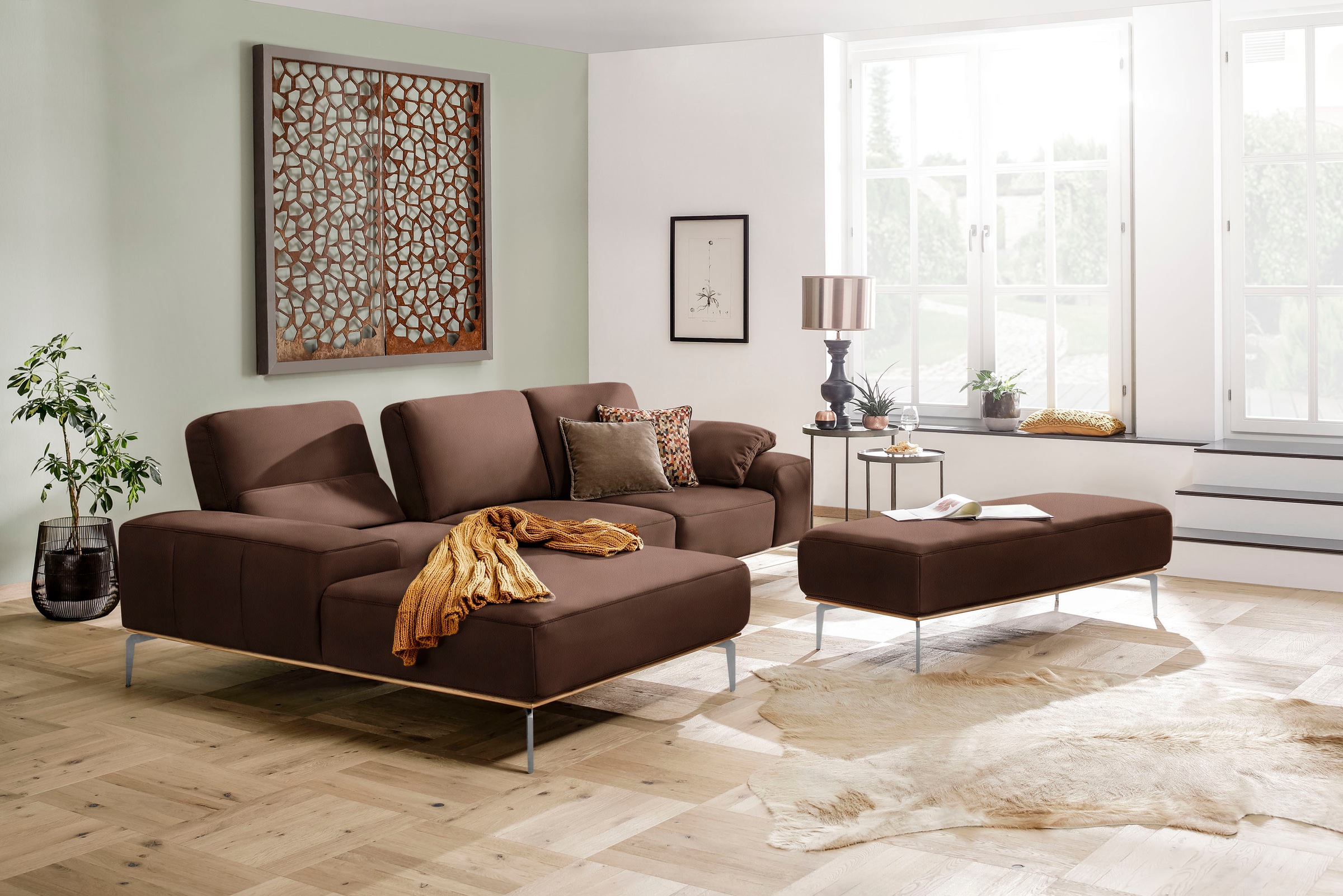 W.SCHILLIG Polsterhocker »run«, mit elegantem Holzsockel, Füße in Chrom glänzend, Breite 150 cm
