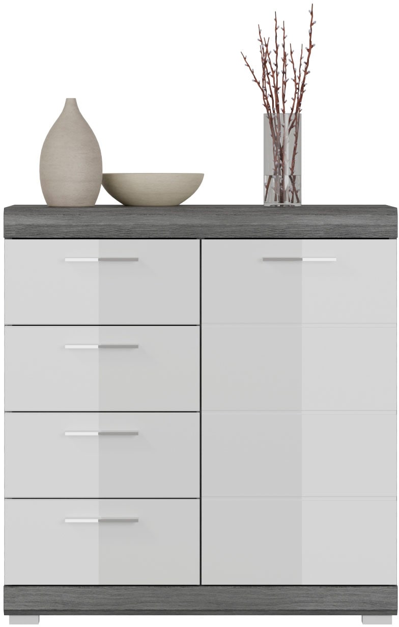 INOSIGN Kommode »Siena, Breite 80 cm, 1 Tür, 2 Einlegeböden, 3 Fächer, 4 Schubkästen«, Front-Rillenfräsung, Schuhkommode, Schuhschrank, Anrichte, Sideboard