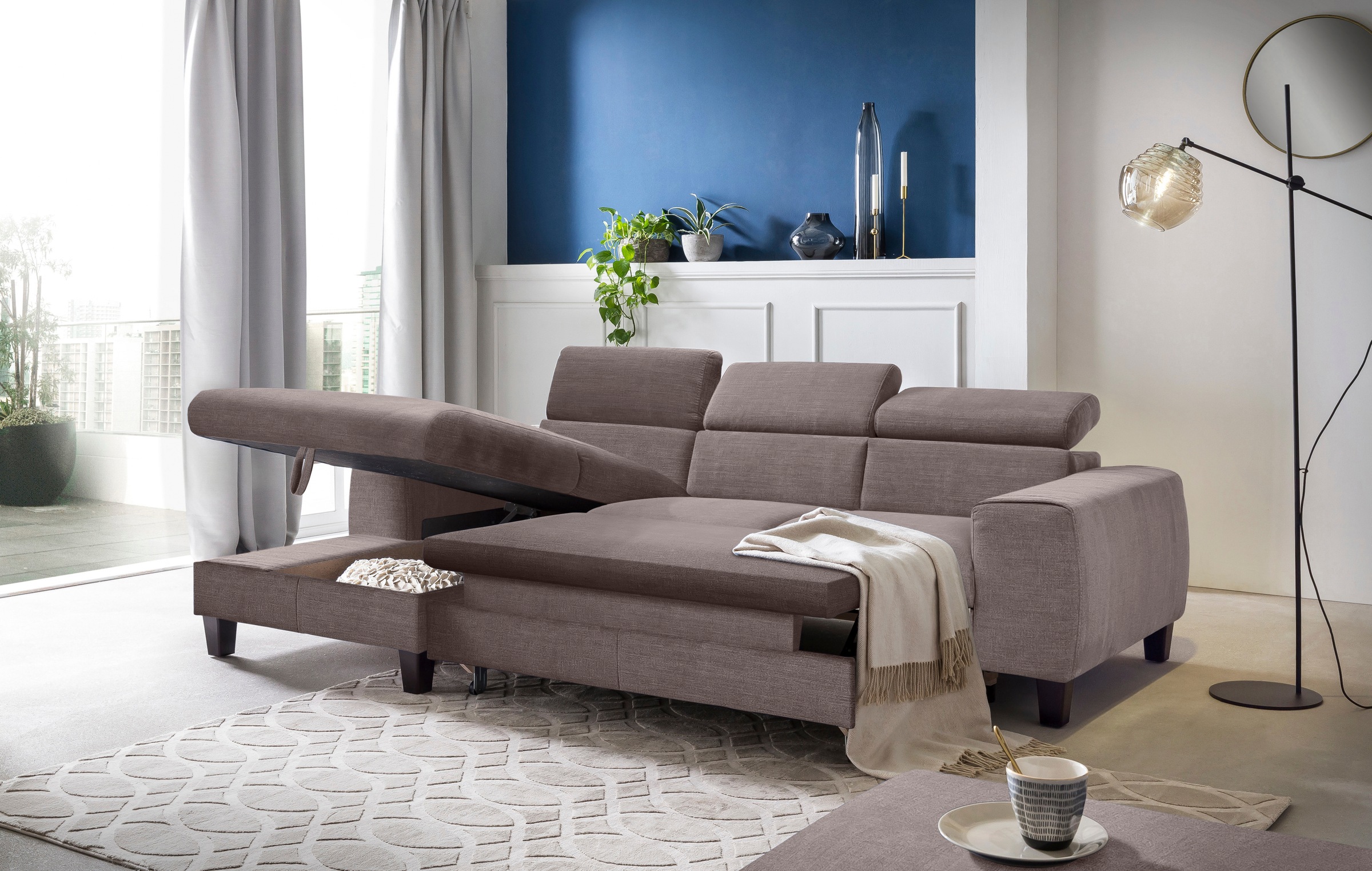 COTTA Ecksofa »Morven L-Form mit Kopfteilverstellung«, wahlweise mit Bettfunktion, Bettkasten & Wireless-Charger