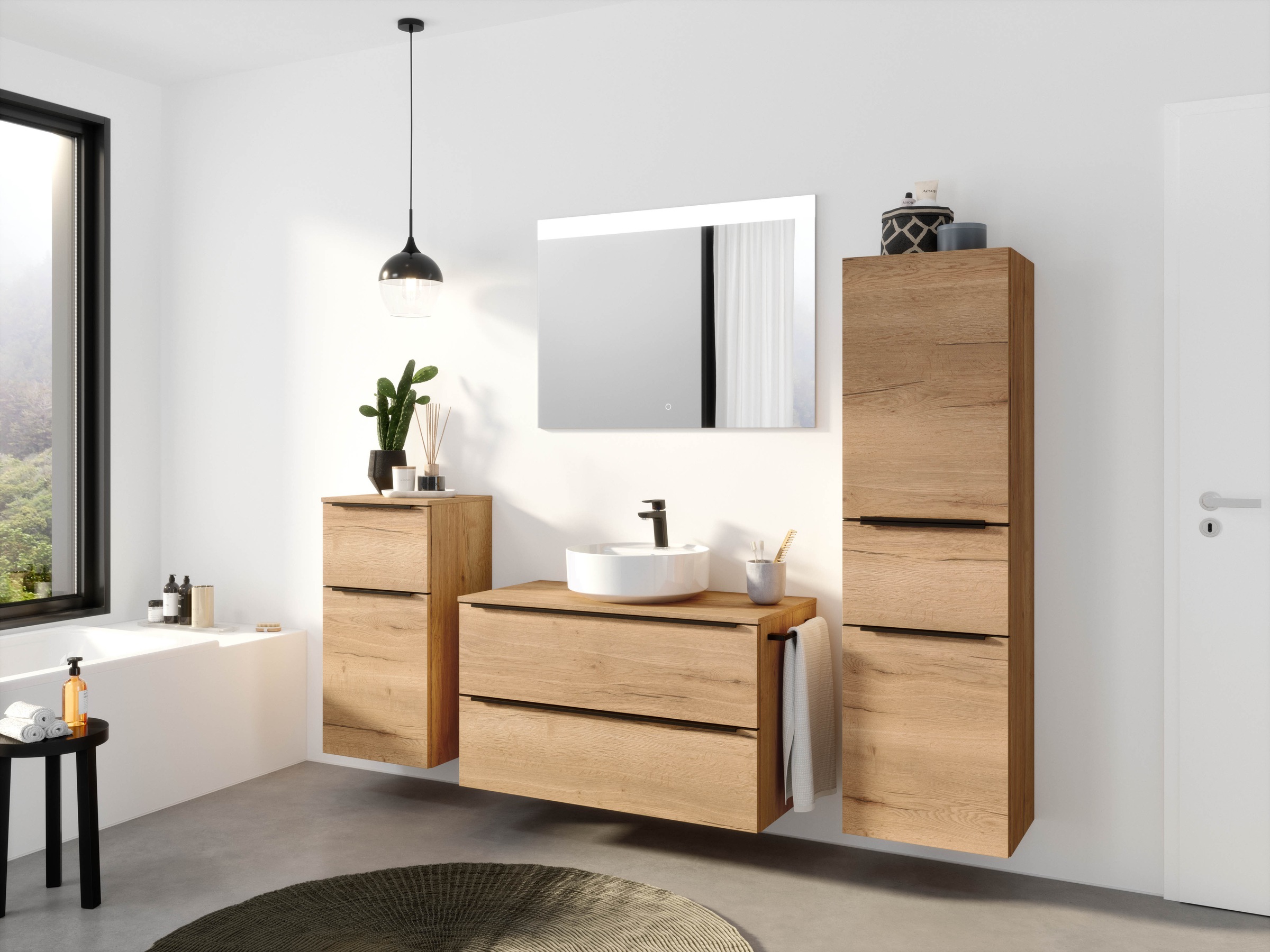 nobilia® Badmöbel-Set »Alvene«, (4 St., vormontiert, mit Soft-Close), inkl. Spiegel mit Touch-Sensor, in vier Breiten
