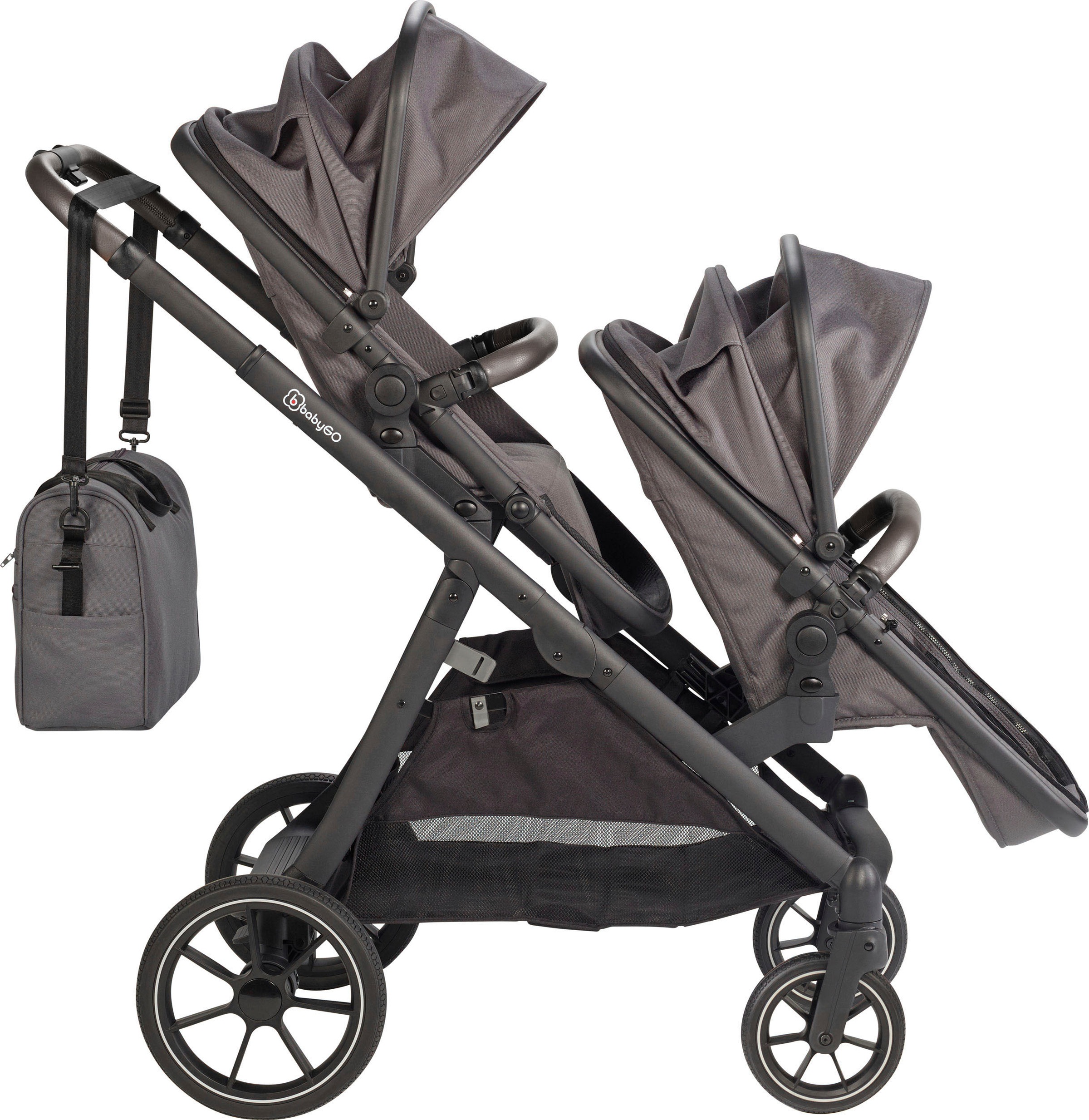 BabyGo Zwillings-Kombikinderwagen »Duo, grau«, inkl. Wickeltasche u. 2 Regenhauben