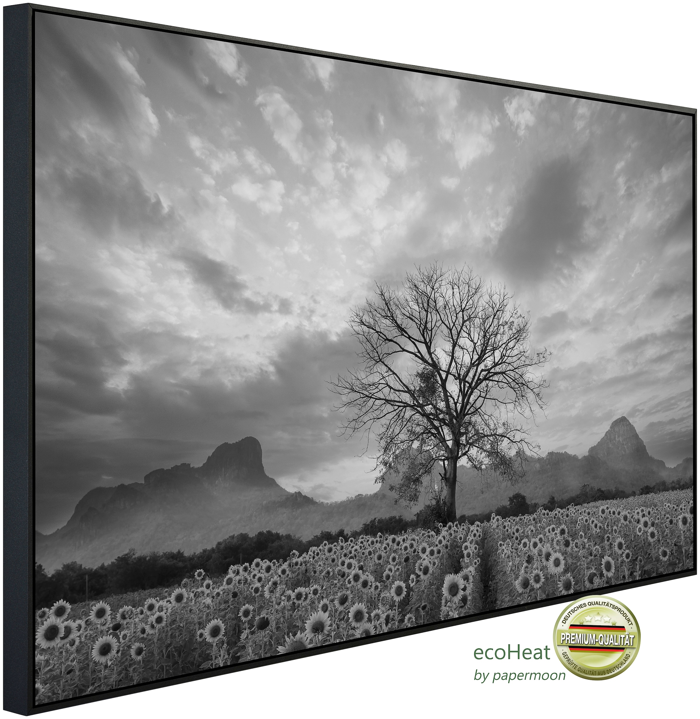 Papermoon Infrarotheizung »Sonnenblumenfeld mit Baum Schwarz & Weiß«, sehr günstig online kaufen