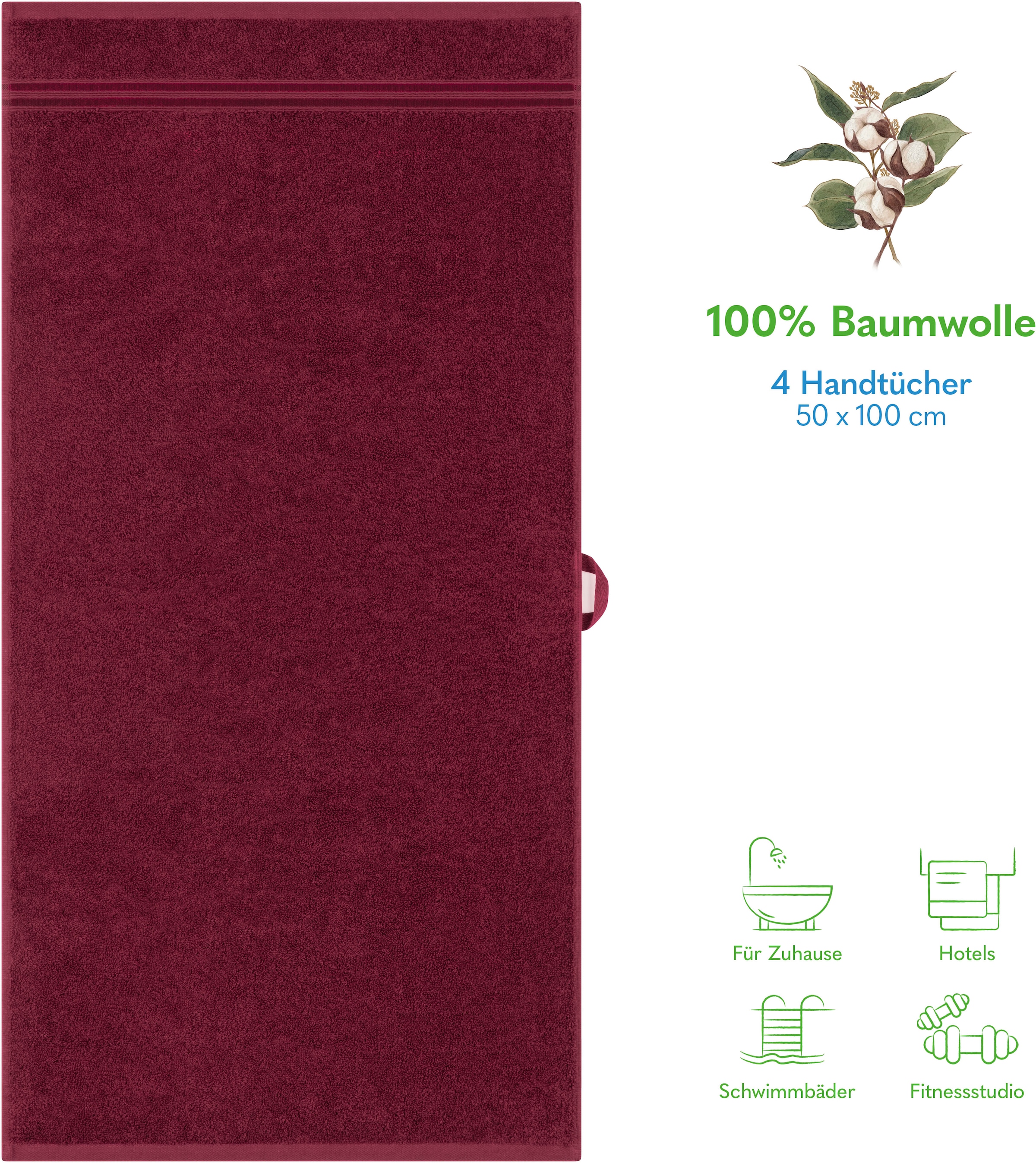 HAMMETEX Handtuch Set »4er Set Handtücher 50x100 cm, 100% Baumwolle, Weich & Saugstark« mit Bordüre, einfarbig, weich